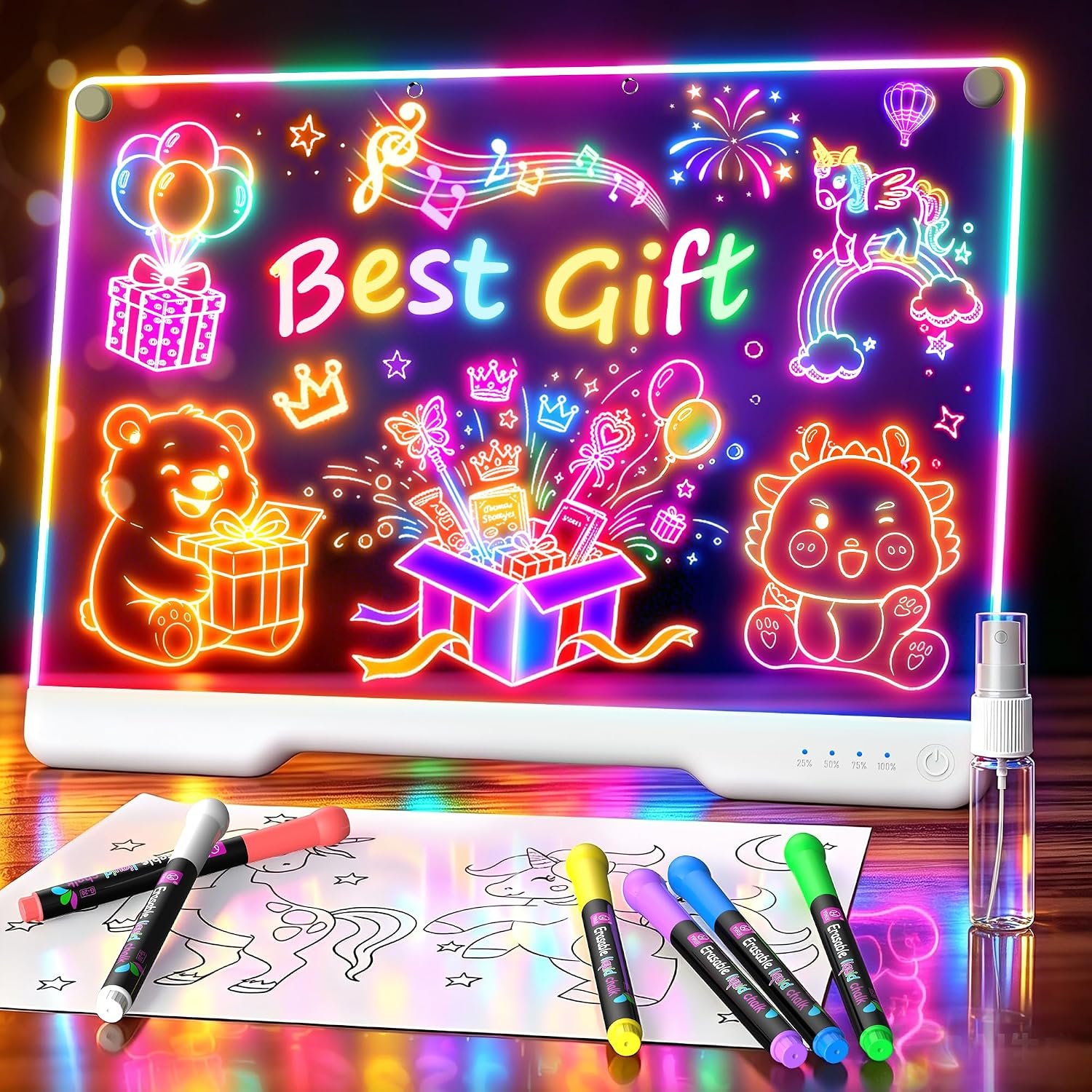 LED Drawing Board with 9 Light Effects, Rechargeable 16″ Glow Doodle Note Message Board with Colors, Neon Light Up Drawing Pad Gift Ideas for Kids, Birthday, Christmas with Markers & Tracing Book