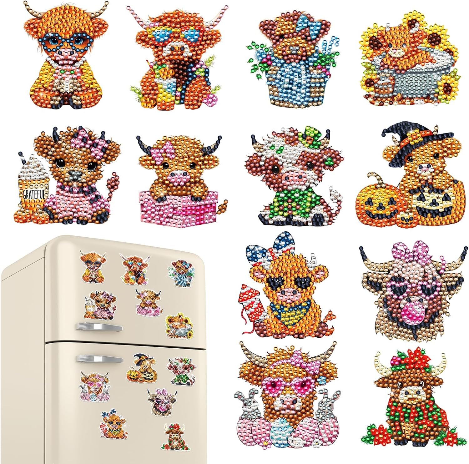INCOK Highland Cow Diamond Art Magnets Refrigerator – 12 PCS DIY Seasonal Diamond Painting Fridge Magnets Kit Cute Animal Gem Art Crafts Set Halloween Home Decors for Adults Beginners