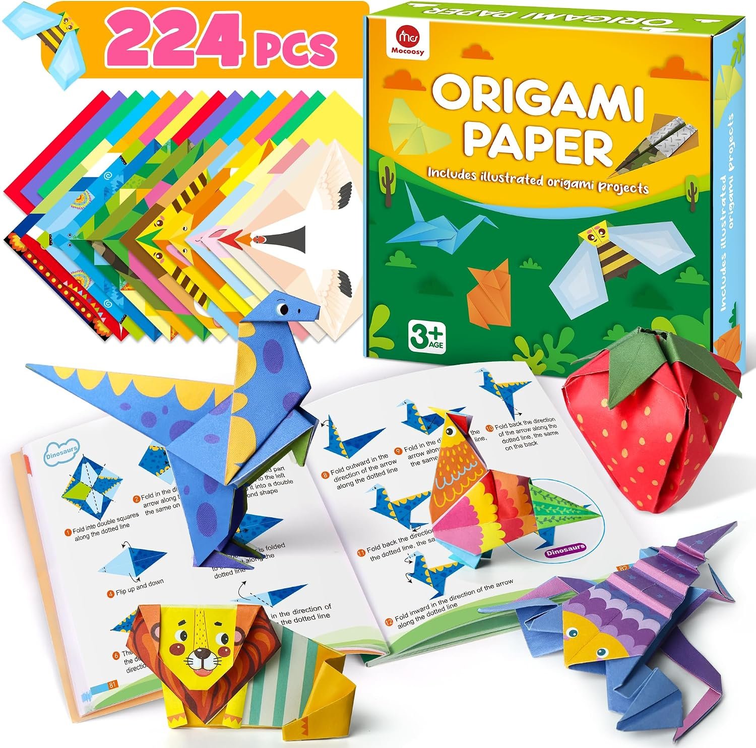 Mocoosy 224 Sheets Origami Paper Kit for Kids Ages 5-8 9-12, Folding Paper Set with Origami Book for Beginners, Art Craft Supplies for Boys Girls 8-12, Travel Game Car Road Trip Camp Activity Toy Gift