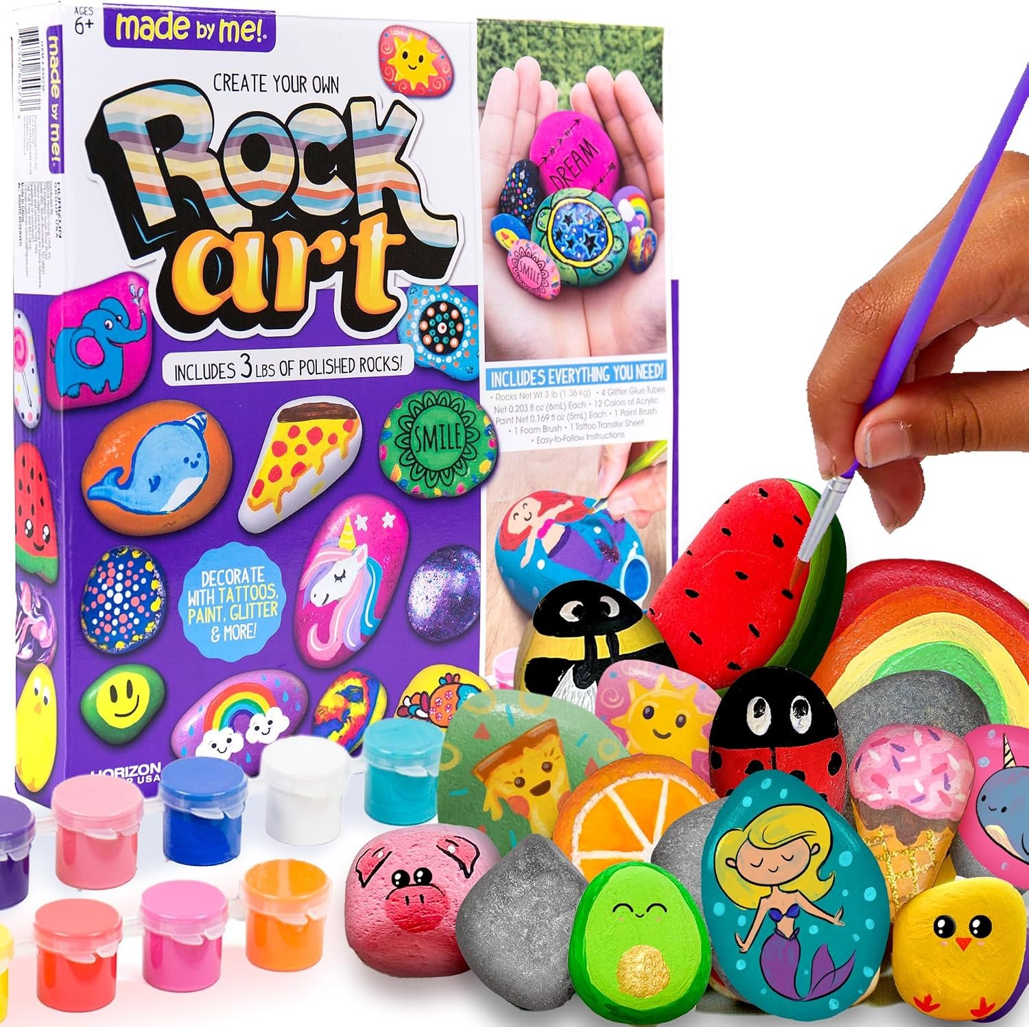 Made By Me Rock Art Kit, Rock Painting Arts and Crafts Kit, Includes 3 Pounds of Rocks and 12 Paints, Great Summer Activity or Birthday Party Fun, Perfect Outside Craft Idea for Kids Ages 6, 7, 8, 9