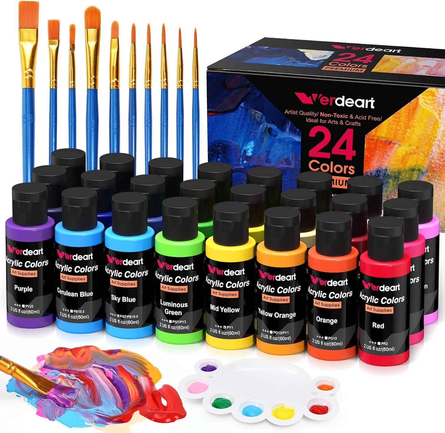Acrylic Paint Set – 24 Colors 2 oz/59 ml Acrylic Paints for Professional Artists with 10 Brushes , Art Supplies for Painting Canvas Rock Wood Ceramic Glass Art Craft Painting, Rich Pigments Lasting Quality for Beginners