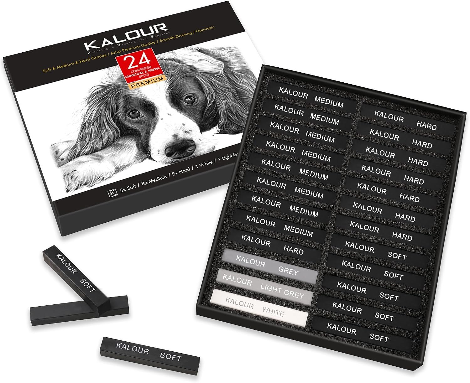 KALOUR 24 Pro Charcoal Drawing Set – Soft,Medium,Hard Charcoal and White – Charcoal Sticks for Drawing Sketching Shading – Art Supplies Gift for Artists Beginners Adults