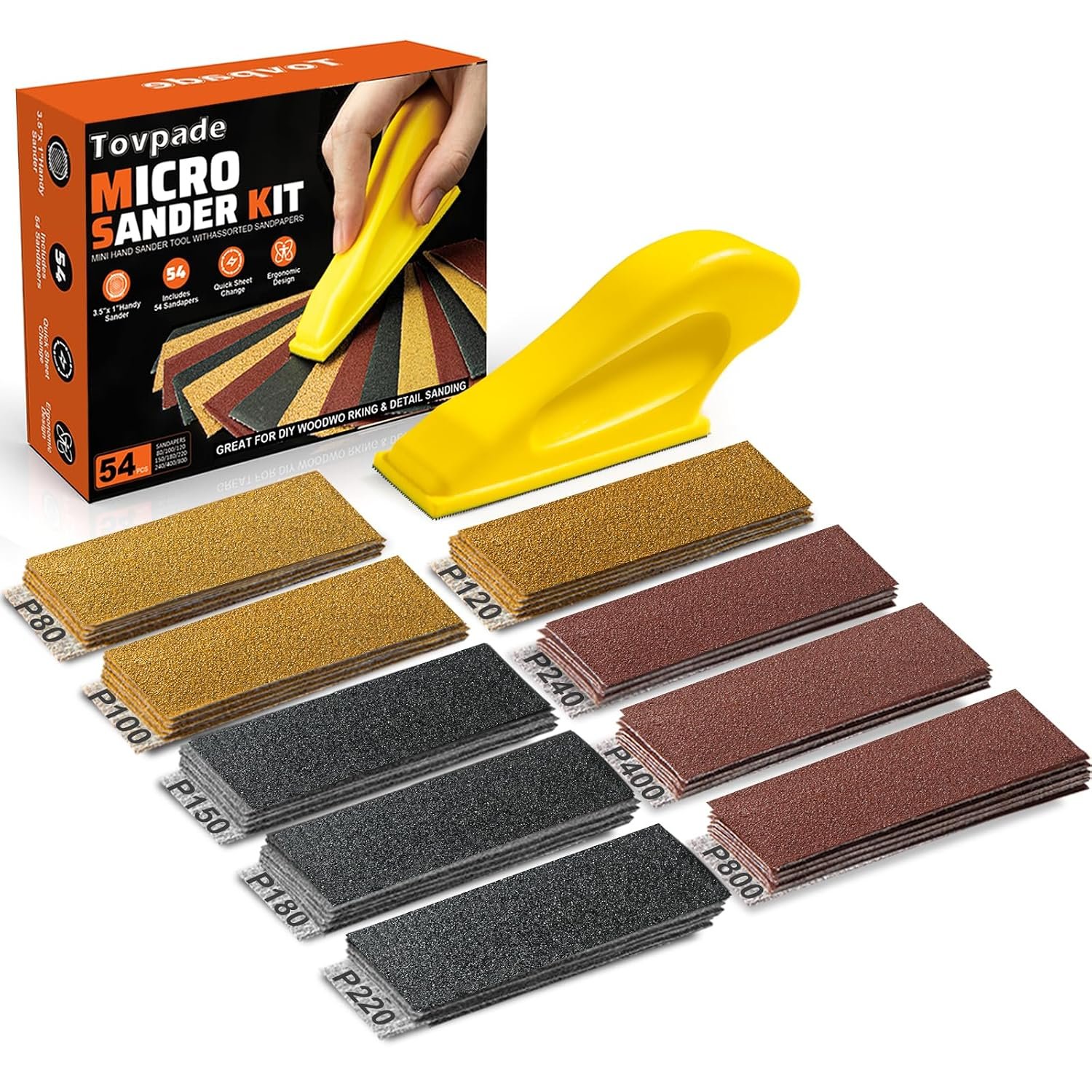 54PCS Premium Micro Sander, Detail & Mini Sander Block – Precision Small Hand Sanding Tool, 80–800 Grit Sandpaper Kit, 3-in-1 Set for Wood, Crafts, Furniture, Tight Spaces & DIY Projects