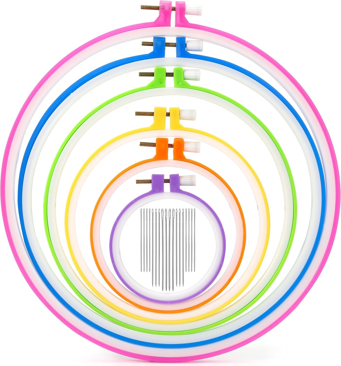 Pllieay 6 Pieces Plastic Embroidery Hoops Set and 16 Pieces Needles
