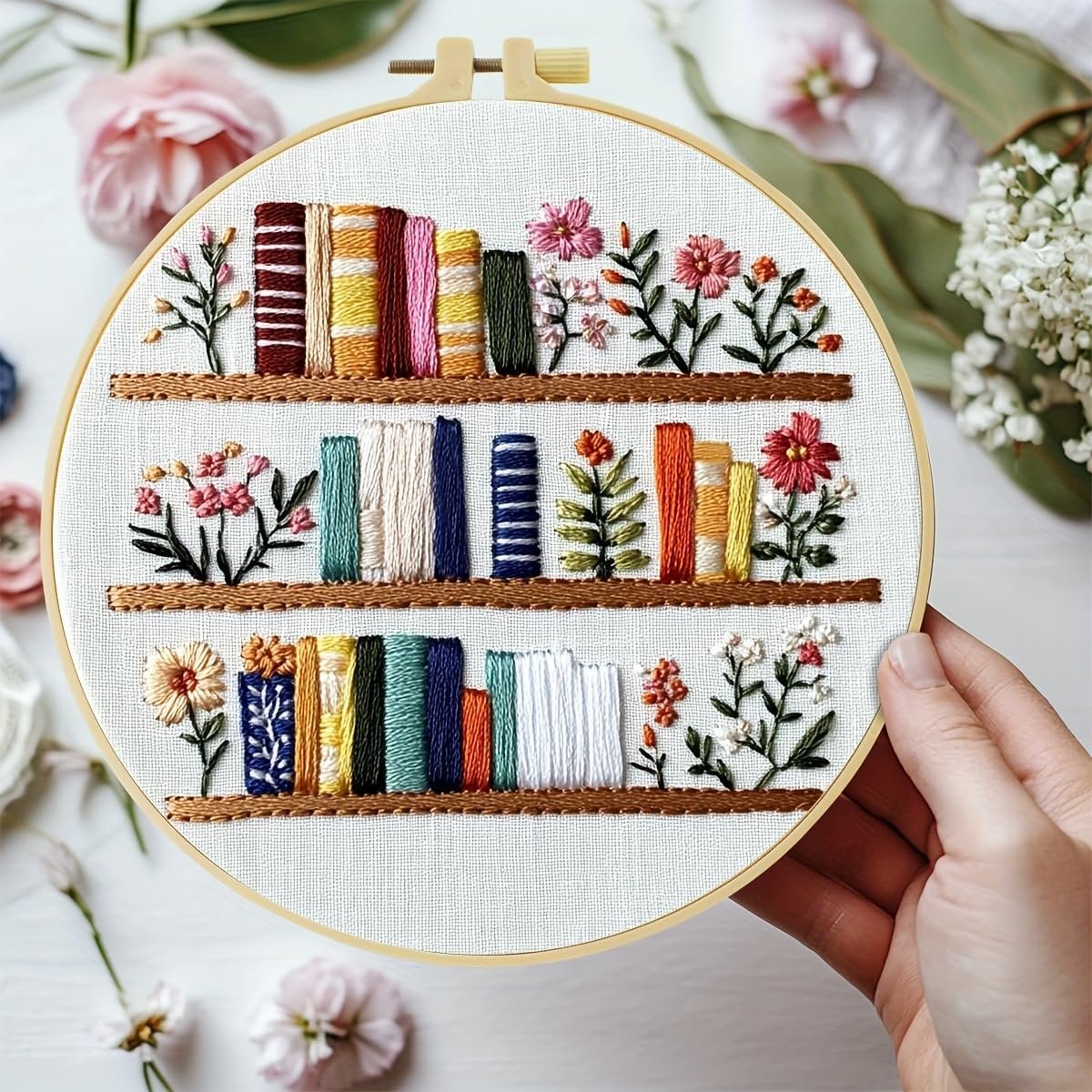 JOZYSH 8” Flowers Embroidery Kit for Beginners Stamped Books and Flowers Pattern Embroidery Kit Cross Stitch Kit Embroidery Starter Kit with Instructions, Embroidery Hoops for Home Ofiice Decor