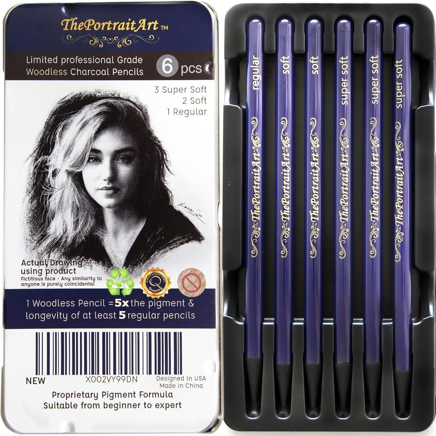 Woodless Pure Charcoal Pencils Set, Soft & Dark 6-Pc
