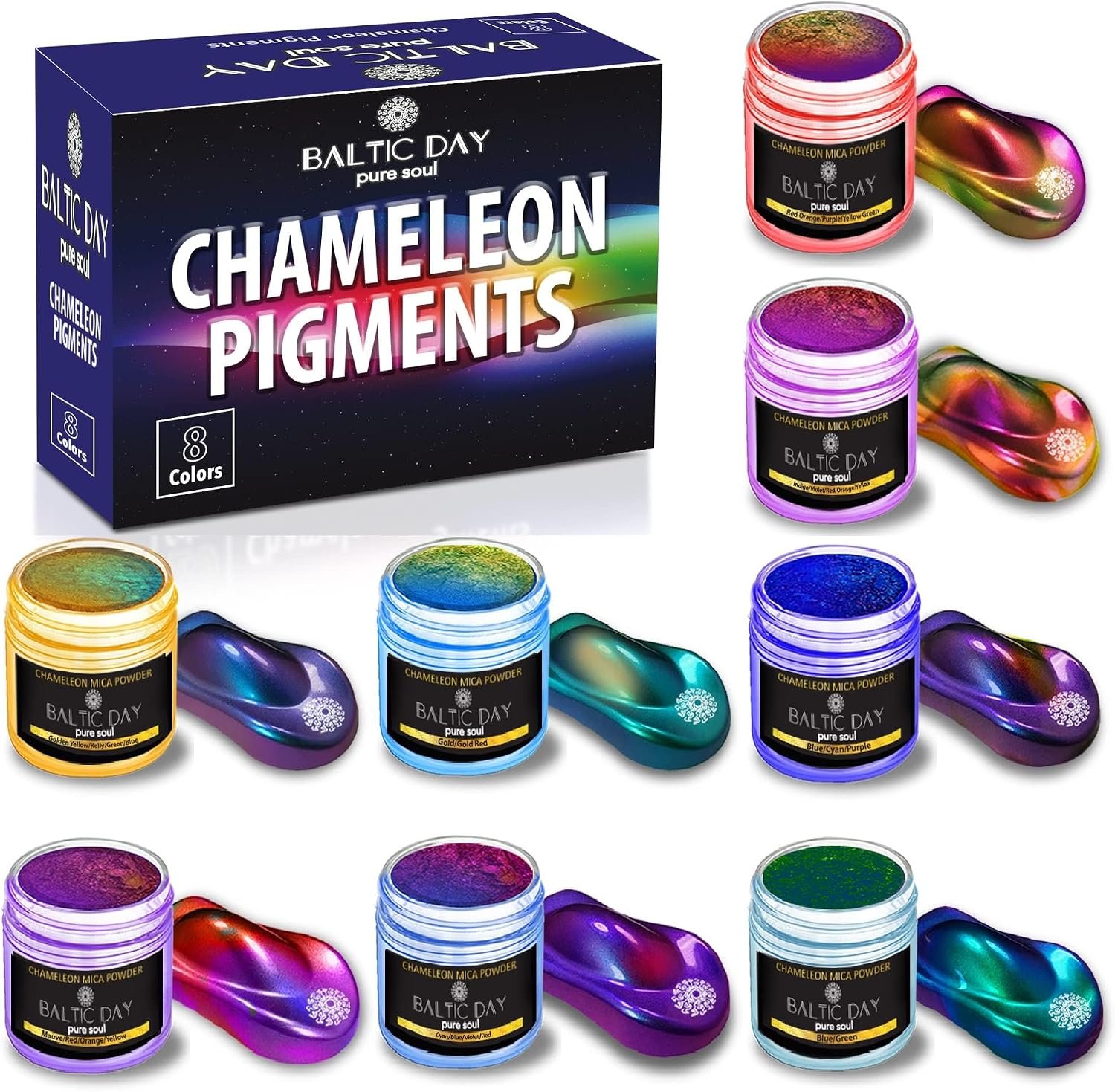 BALTIC DAY – Chameleon Mica Powder, 8 Jars of Color Shift Mica Set – Epoxy Resin Color Pigment – Chameleon Powder Glitter – Holographic Mica Powder for Resin