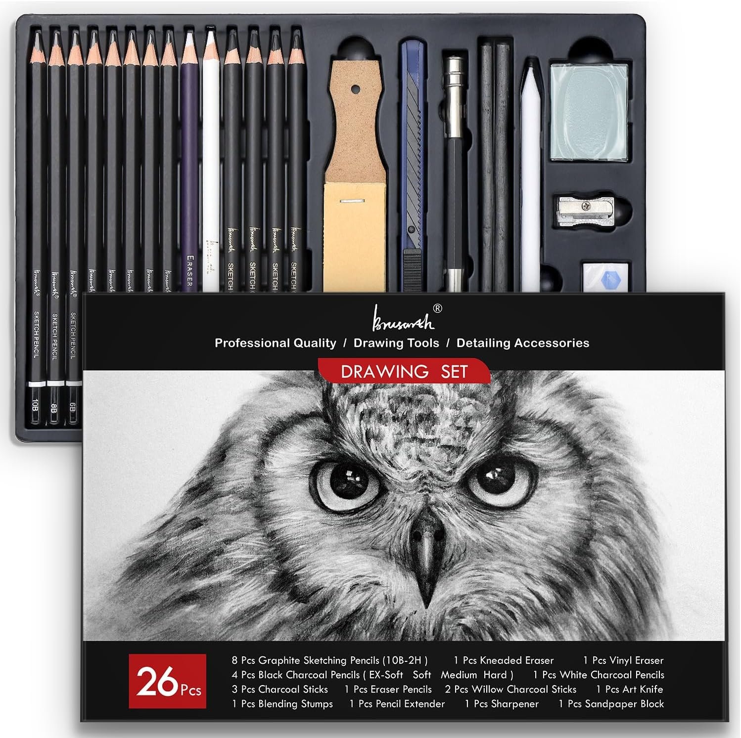 Brusarth Charcoal Pencils for Drawing, Graphite Pencils (10B-2H), 26 Pcs