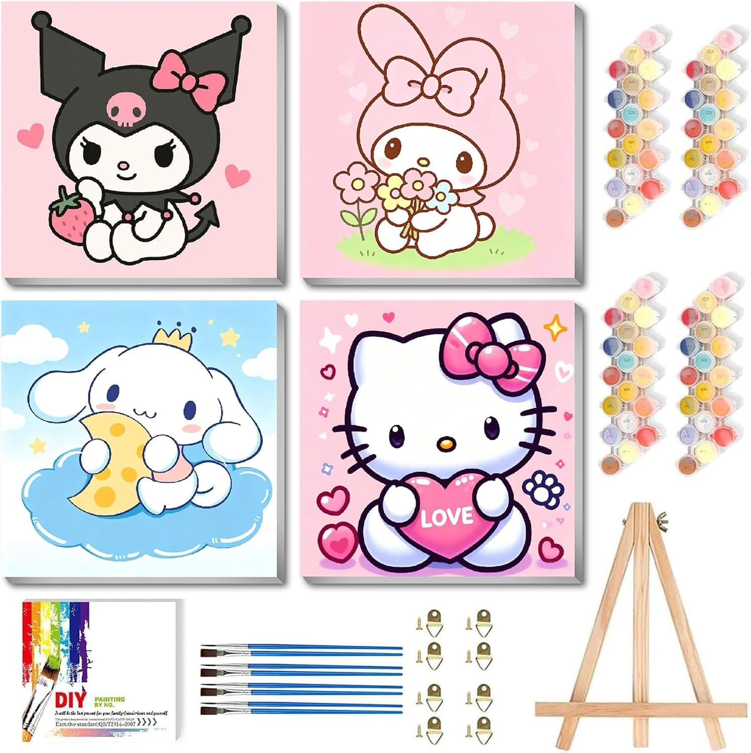 4 Pack Cartoon Paint by Numbers Kit for Kids Ages 4-8-12 with Frame Easel