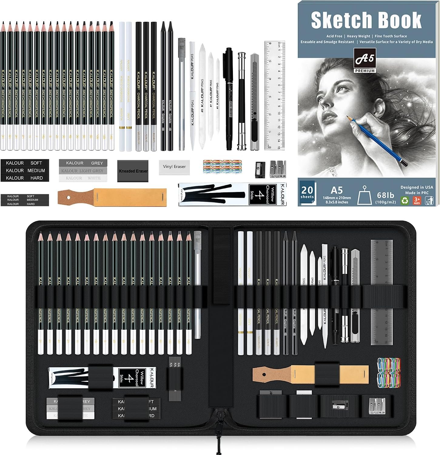 KALOUR 83-Pack Sketch Drawing Pencils Kit with Sketchbook