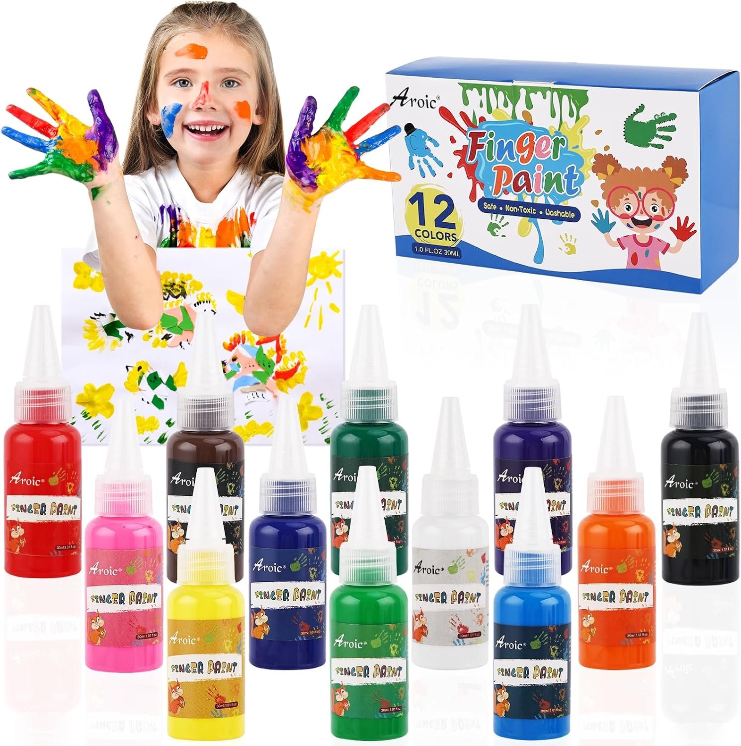 12 Color Washable Finger Paint set, Non Toxic Finger Paints Set