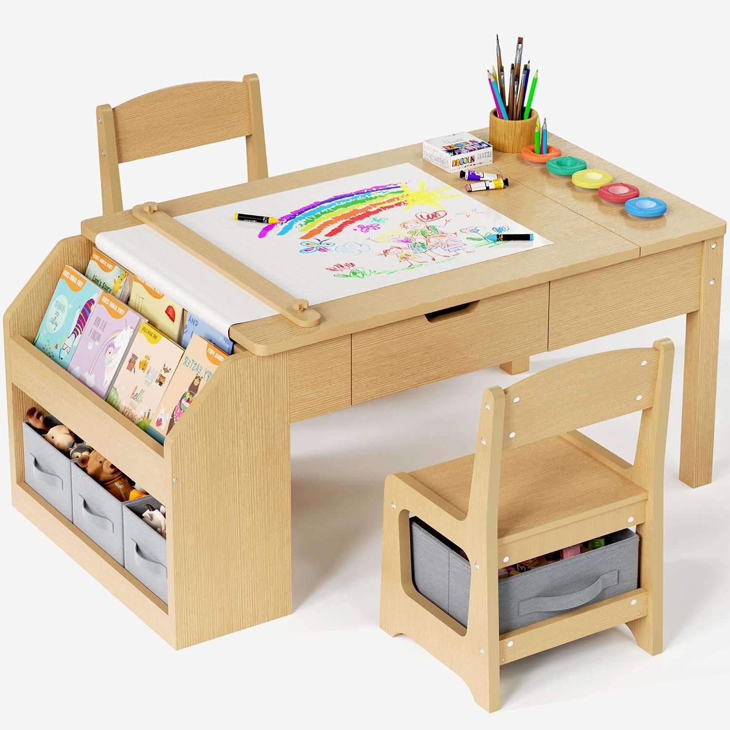 5-in-1 Kids Art Table and Chairs, Toddler Table and Chair Set, Craft Play Desk for Kids, Convertible Art Easel with Paper Roll Holder & Storage Drawers, Children Activity Learning Center – Nature Wood