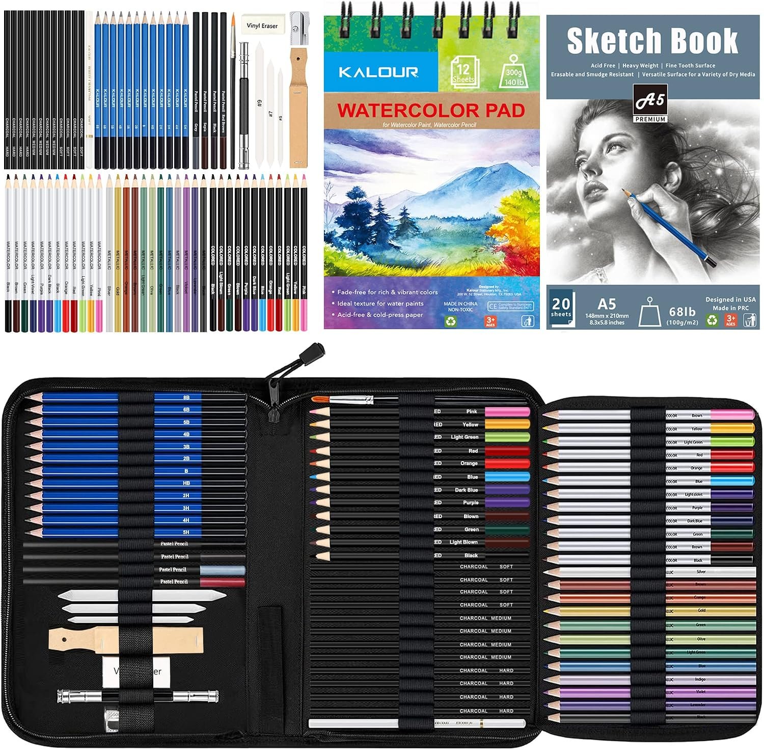 KALOUR 76 Drawing Sketching Kit Set – Pro Art Supplies with Sketchbook & Watercolor Paper – Include Tutorial,Pastel,Watercolor,Sketch,Colored,Metallic,Charcoal Pencils – for Artists Beginners Adults