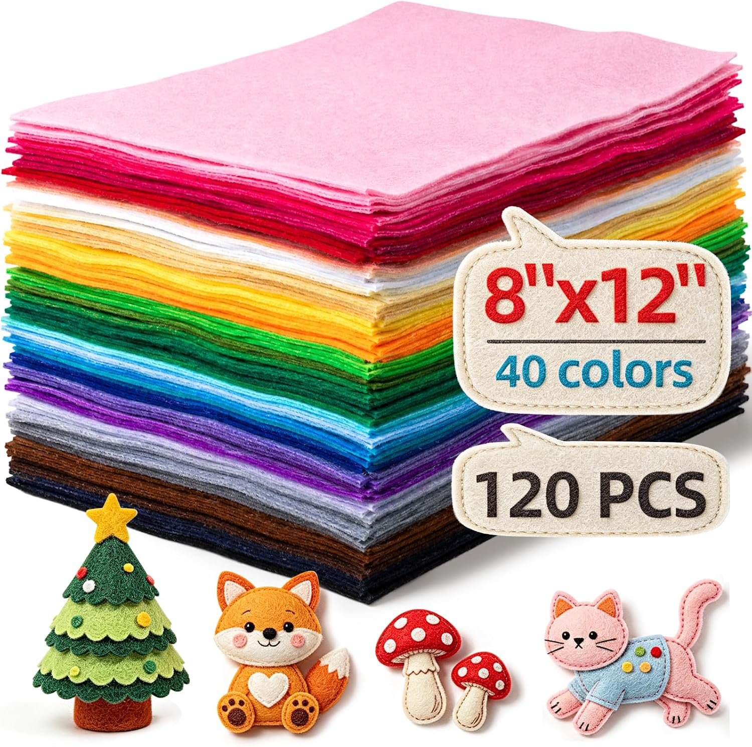 Simetufy 120 Pcs 8×12 Felt Sheets for Crafts, 40 Colors Stiff Felt Fabric