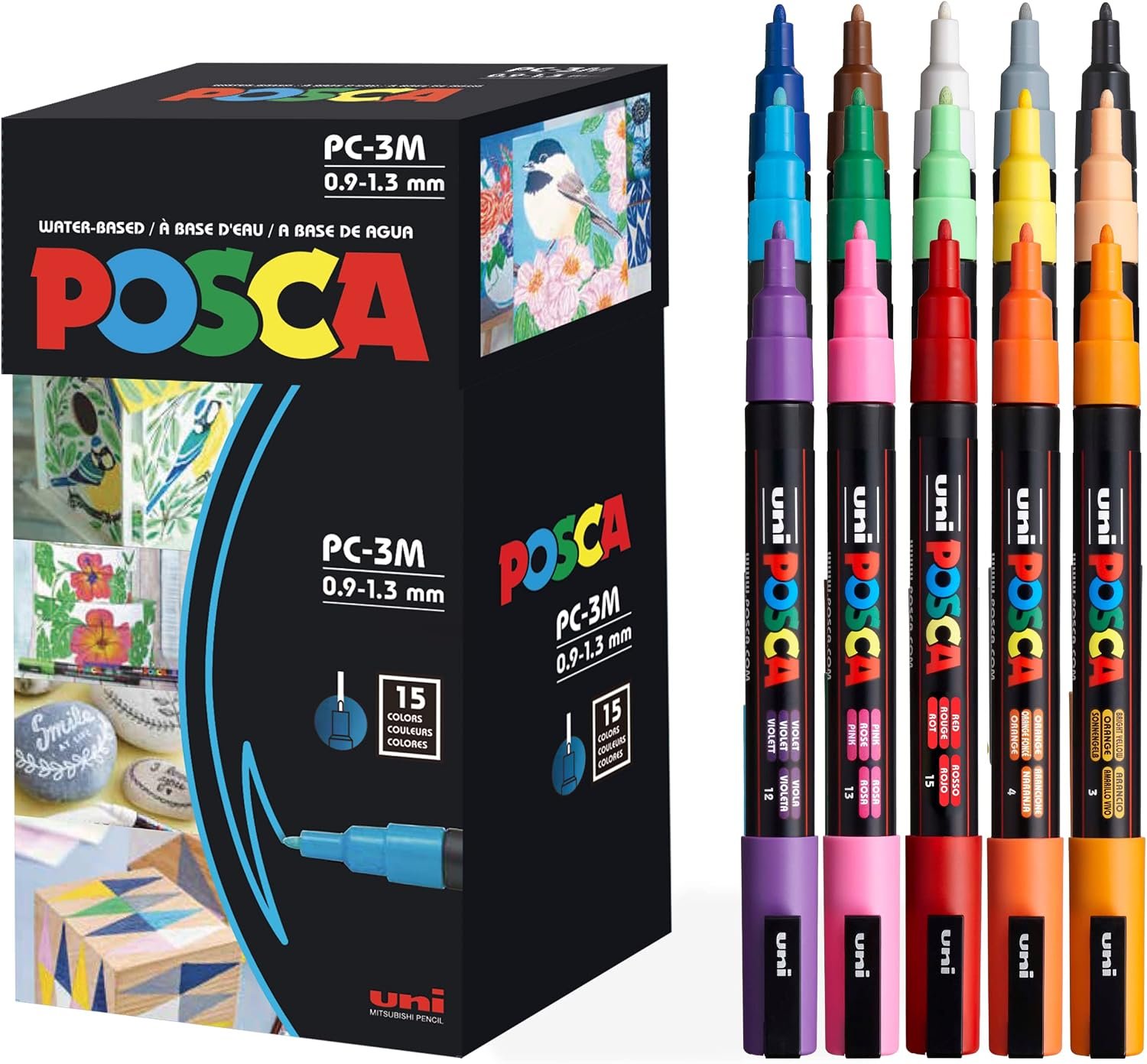 posca Paint Markers, 3M Fine Point Acrylic Paint Pens with Reversible Tips, Art Supplies For Gifts, Decorations Fabric, Metal, Glass, Wood and Canvas, Set of 15