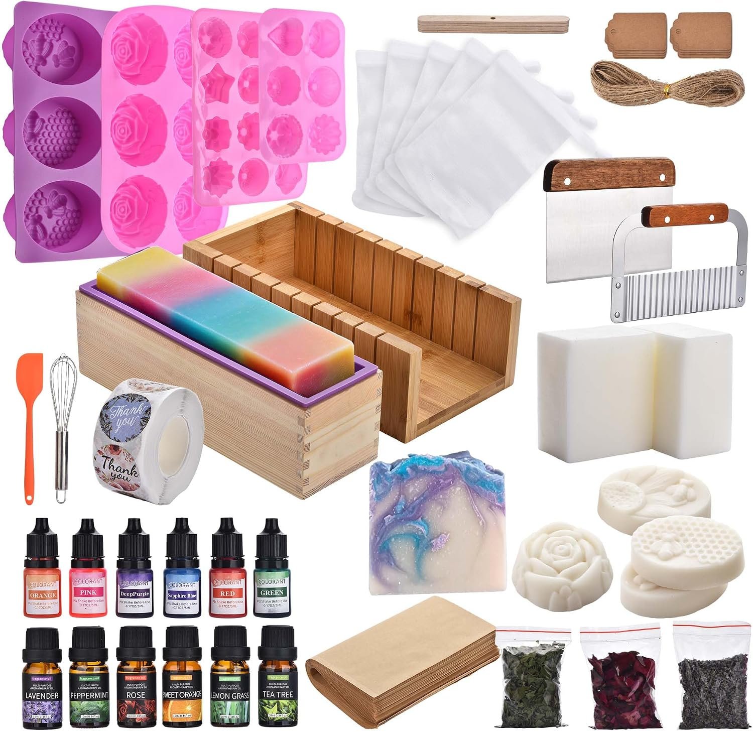 Soap Making Kit for Adults All-in-One Soap Making Supplies Includes Melt & Pour Goat Milk Soap Base, Silicone Loaf Molds,Premium Cutting Box & 500+PCS DIY Handmade Soap