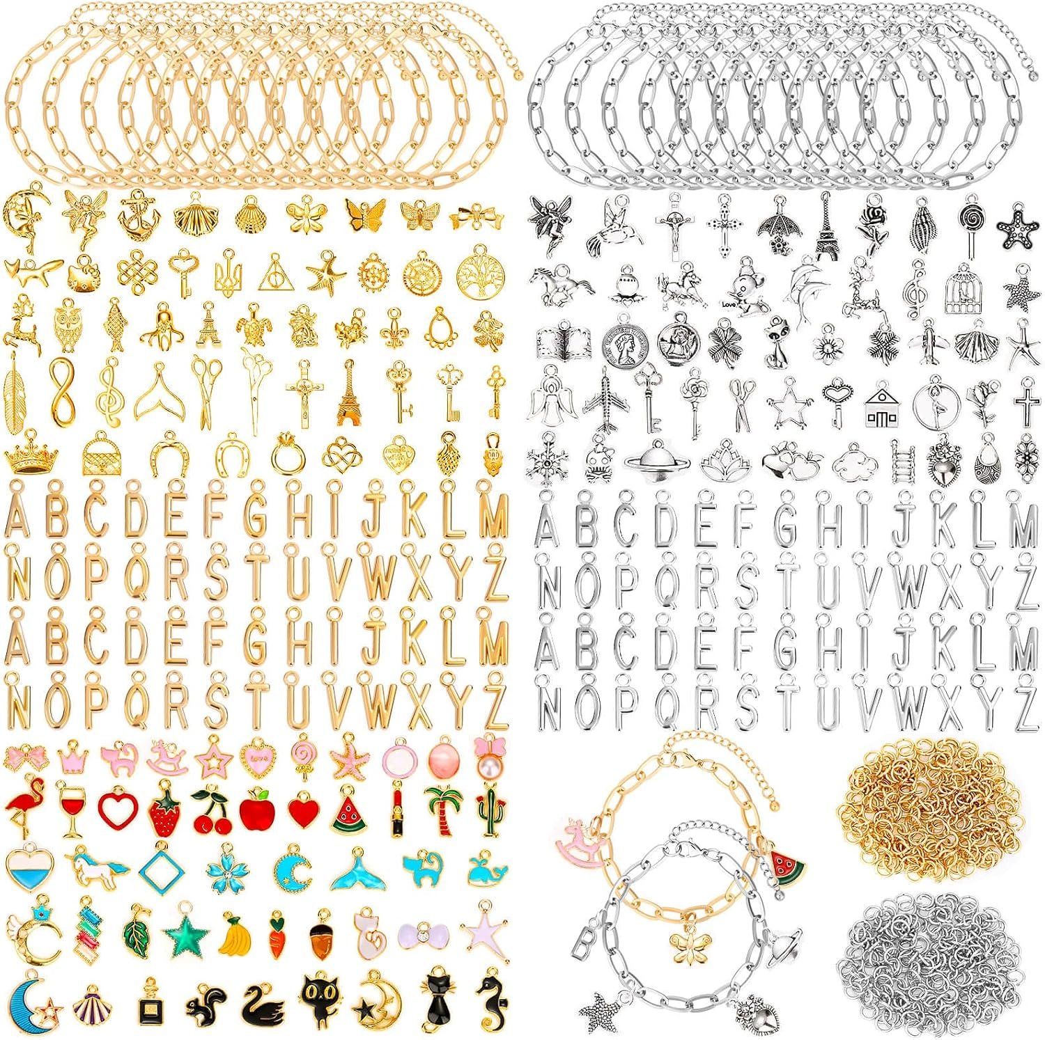 Mckanti 674 Pieces Charm Bracelet Making Kit, Including Paperclip Chain Bracelets, Charms, Jump Rings for DIY Bracelet Making(Gold & Silver)