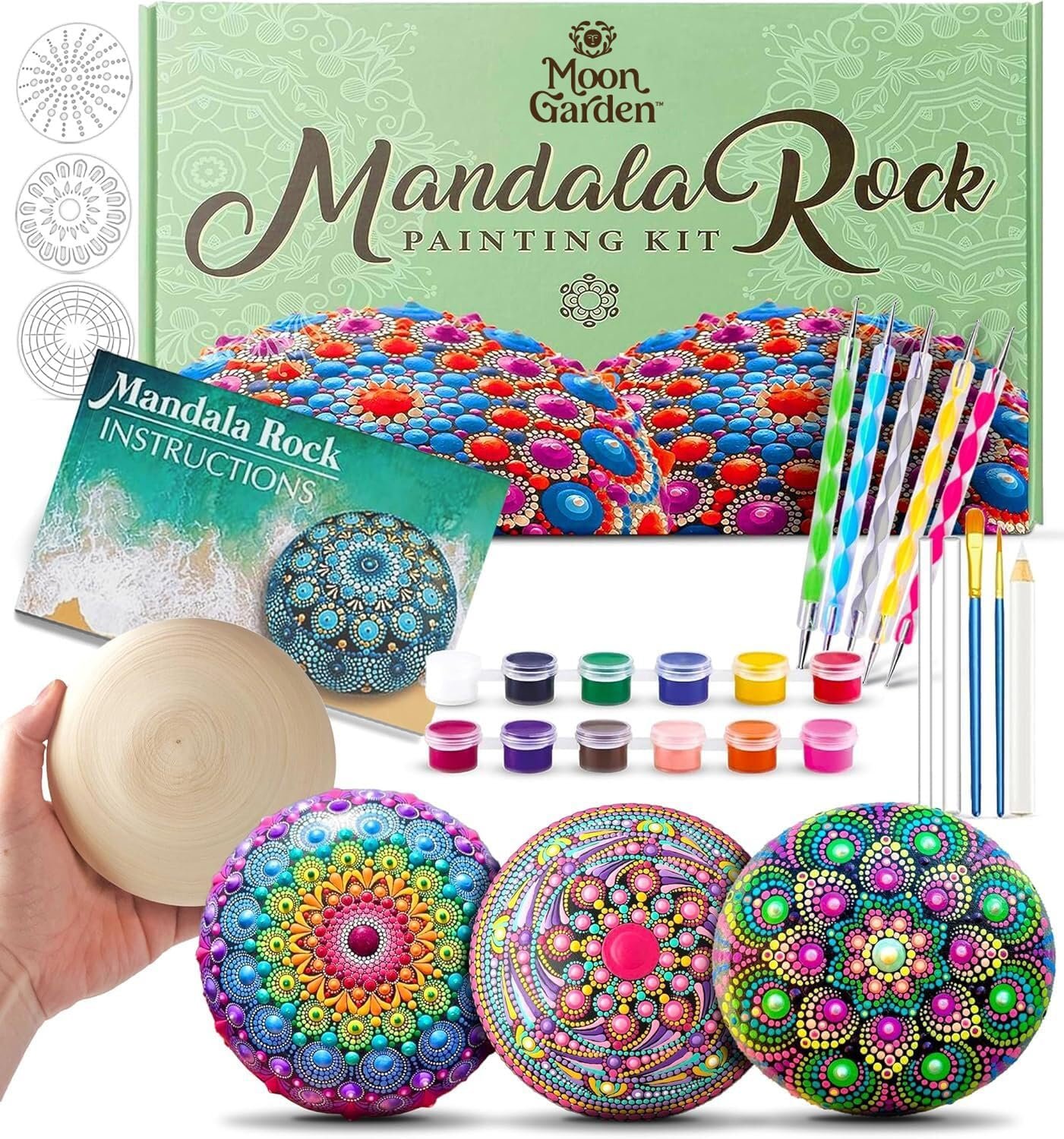 MoonGarden Mandala Rock Painting Kit – Mandala Dotting Tools Kit – Large Wooden Rocks for Painting, Stencils, Acrylic Paints, Dotting Tools for Rocks – Dot Art Kit for Adults & Kids