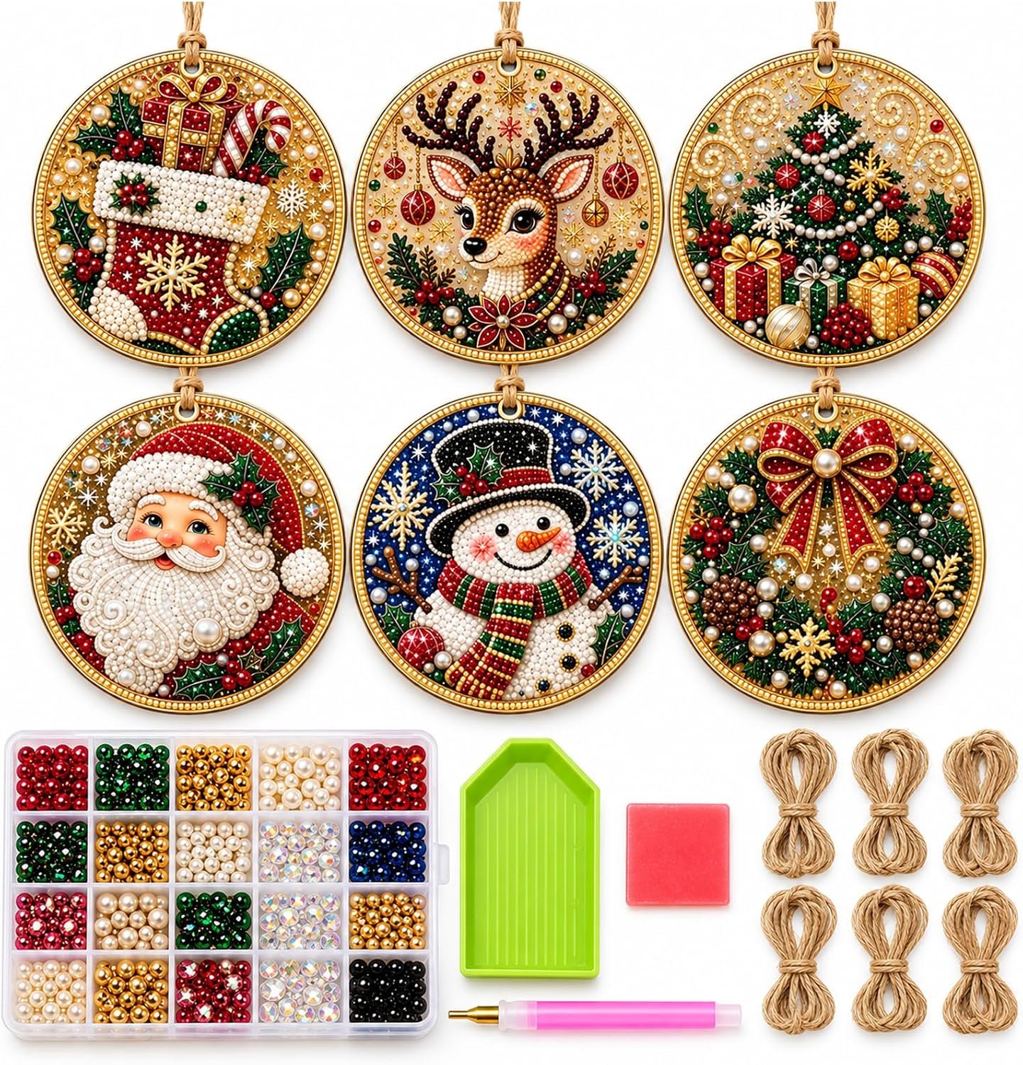 6PCS Christmas Diamond Art Ornament Kits, DIY Pearl Bead Craft for Adults, Holiday Hanging Decorations with Twine for Christmas Trees, Windows & Home Decor