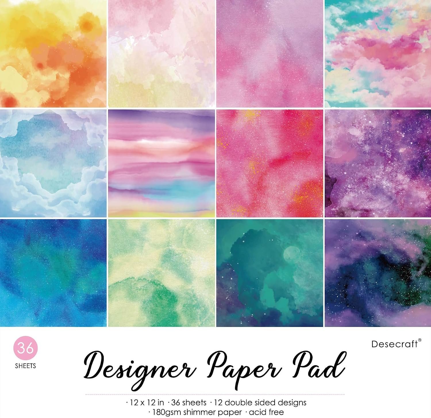 36 Sheets 12×12 Scrapbook Paper Pad – 12 Designs Double Sided 180GSM Pearl Shimmer Watercolor Cardstock, Vintage Patterned Decorative Paper for Card Making, Scrapbooking Supplies