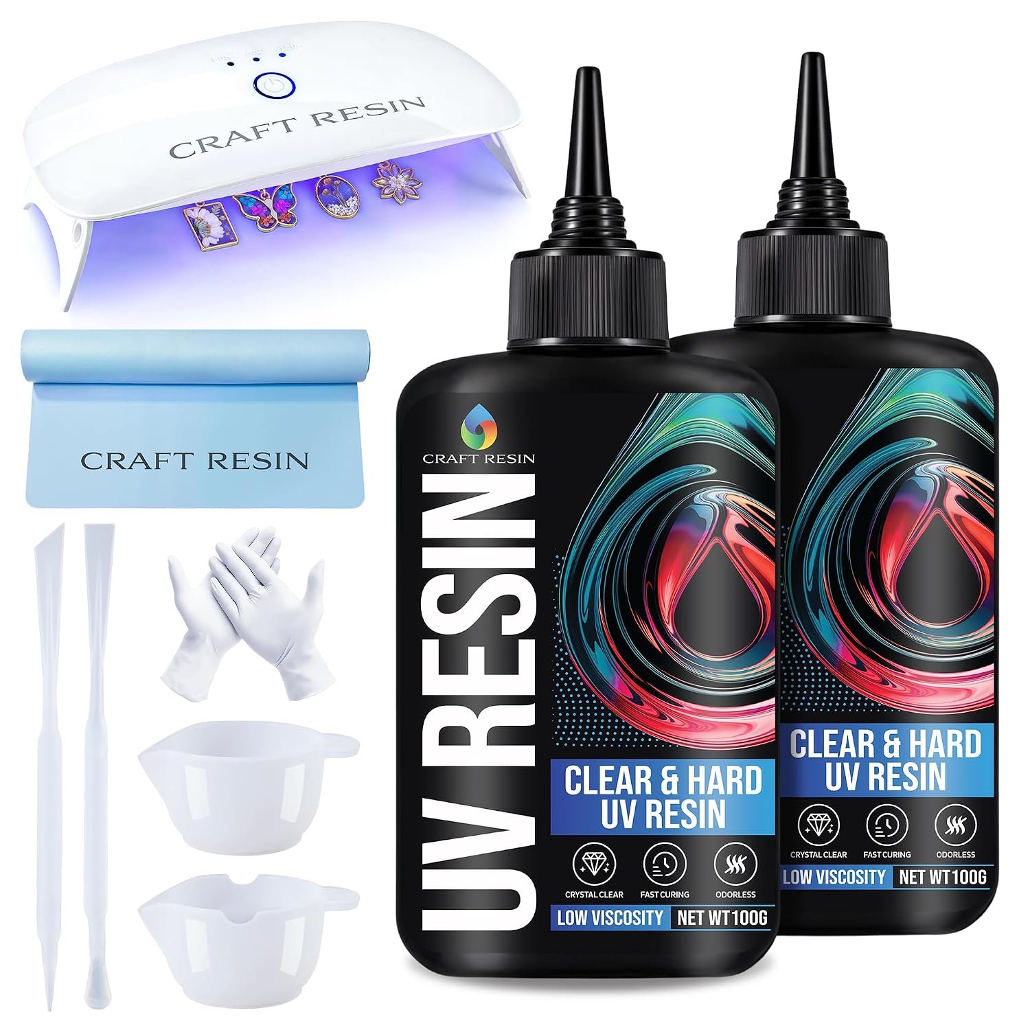 CRAFT RESIN UV Resin Kit with Light – 36W 22 LED Big Lamp and 200g Hard Type Low Viscosity UV Epoxy Resin, Crystal Clear & Non-Yellowing – Starter Kit for Jewelry Making, DIY Crafts