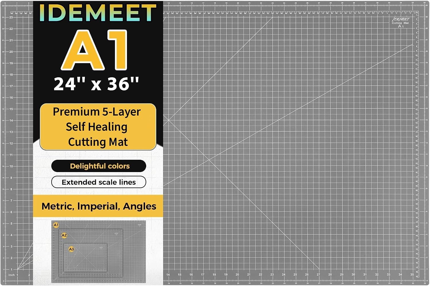 Large Self Healing Sewing Mat 24″x36″, A1 Rotary Mat for Quilting & Sewing, Double-Sided, 5-Ply Non-slip Rotary Cutting Board with Grids for Crafts Fabric Leather Cutting on Workbench, Anthracite Gray