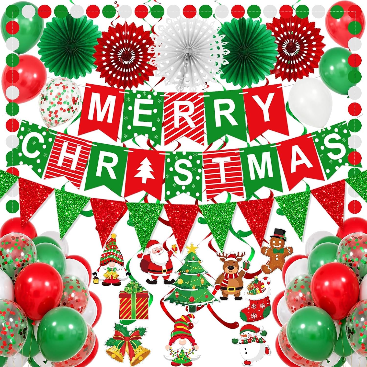 Fecedy MERRY CHRISTMAS Hanging Paper Banner Paper flower Fan Swirl Streamers Triangular Bunting Circle garland latex balloons Claus Banner for Merry Christmas Party Decorations