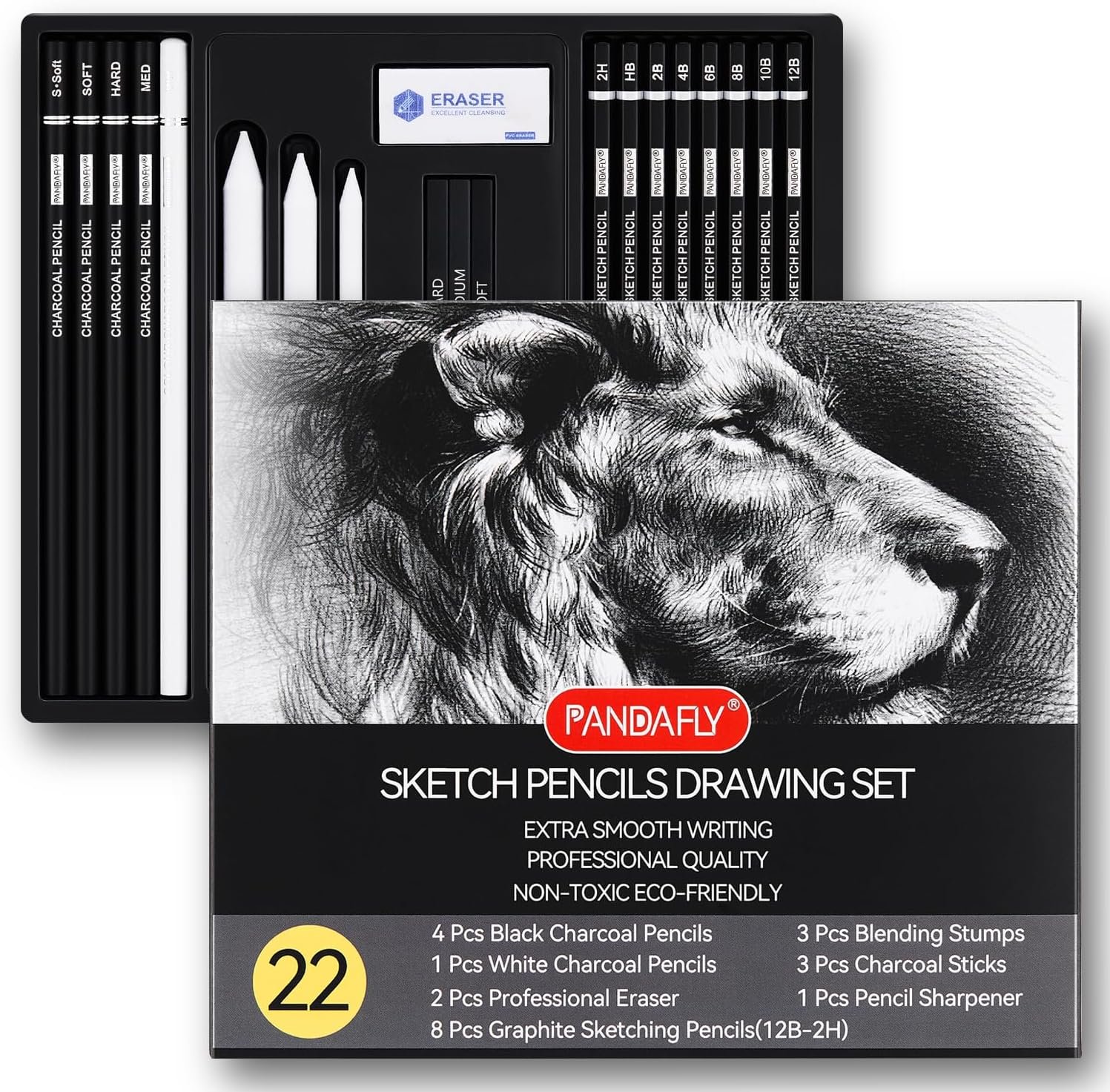 PANDAFLY Drawing Sketching Pencil Set, 22 Piece, Graphite Pencils (12B-2H)