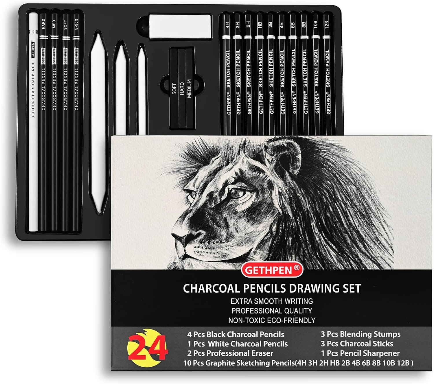 GETHPEN Drawing Sketching Pencil Set, Graphite Pencils (12B-4H), 24Pcs
