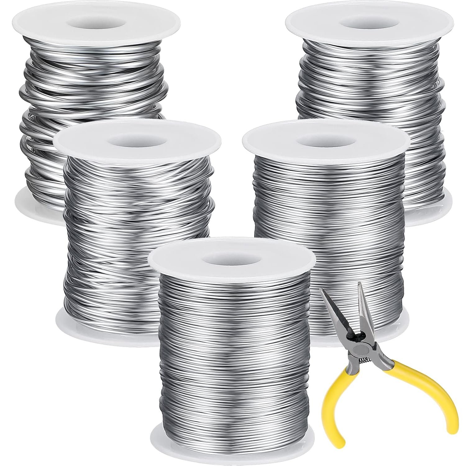 Kenning 5 Sizes Jewelry Wire 9, 12, 18, 20, 22 Gauge Aluminum Metal Wire Kit for Jewelry Making Crafts Beading Bendable Cable, Sculpting, Armature with a Pliers, 5 Rolls, Silver