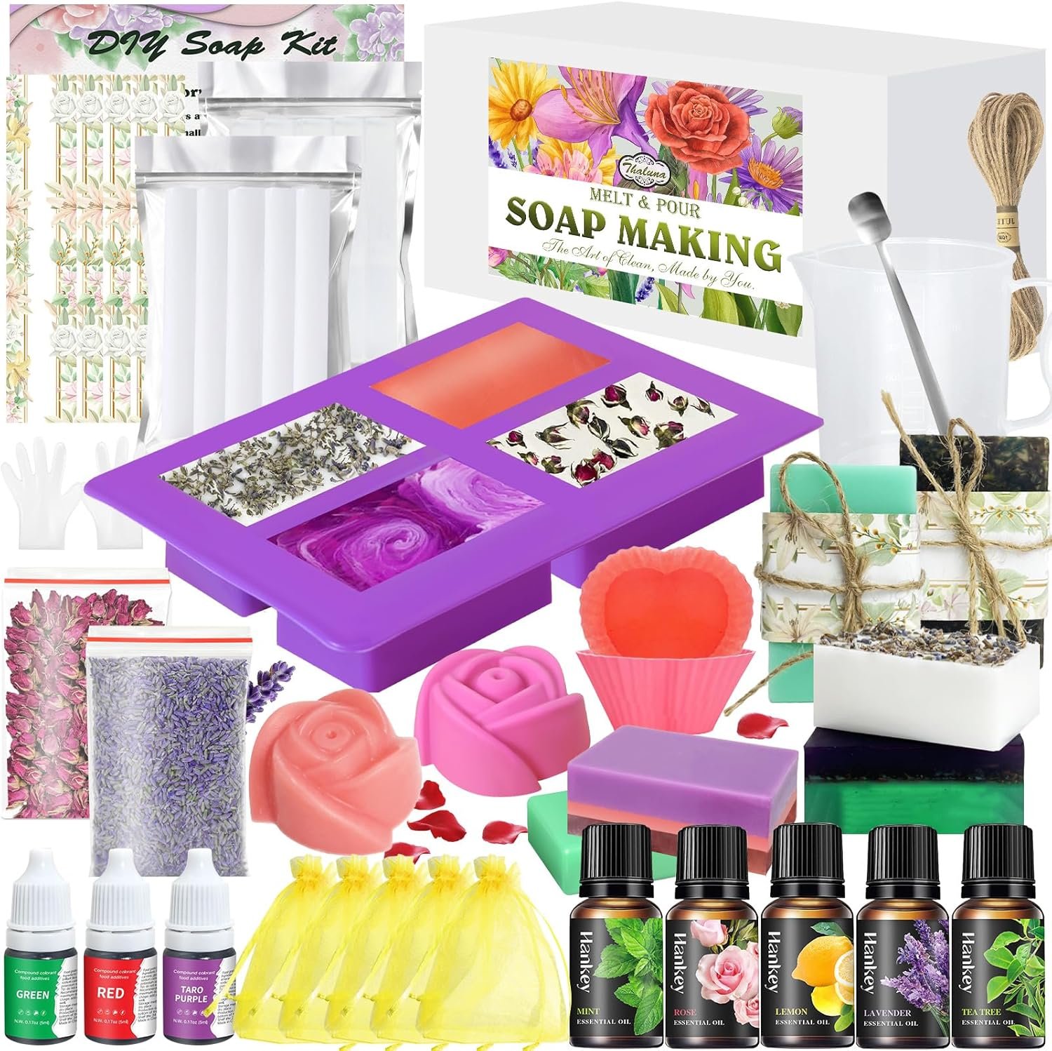 THALUNA Soap Making Kit, Soap Making Kit for Adults – Shea Butter Glycerin Melt and Pour Soap Base, Molds, Dye, Fragrances, Dried Flowers, DIY Craft for Kids Beginners Girls, Gift Boxes for Women