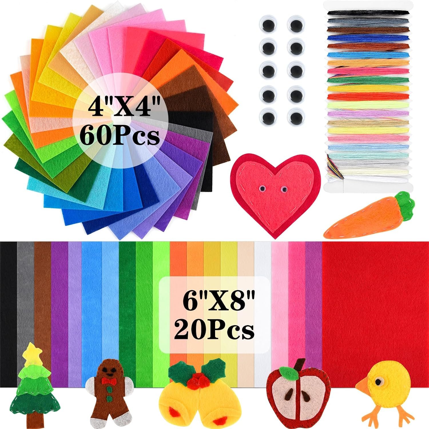 NEBURORA 80PCS Felt Fabric Sheets Craft Kit for DIY Sewing Crafts 2 Size