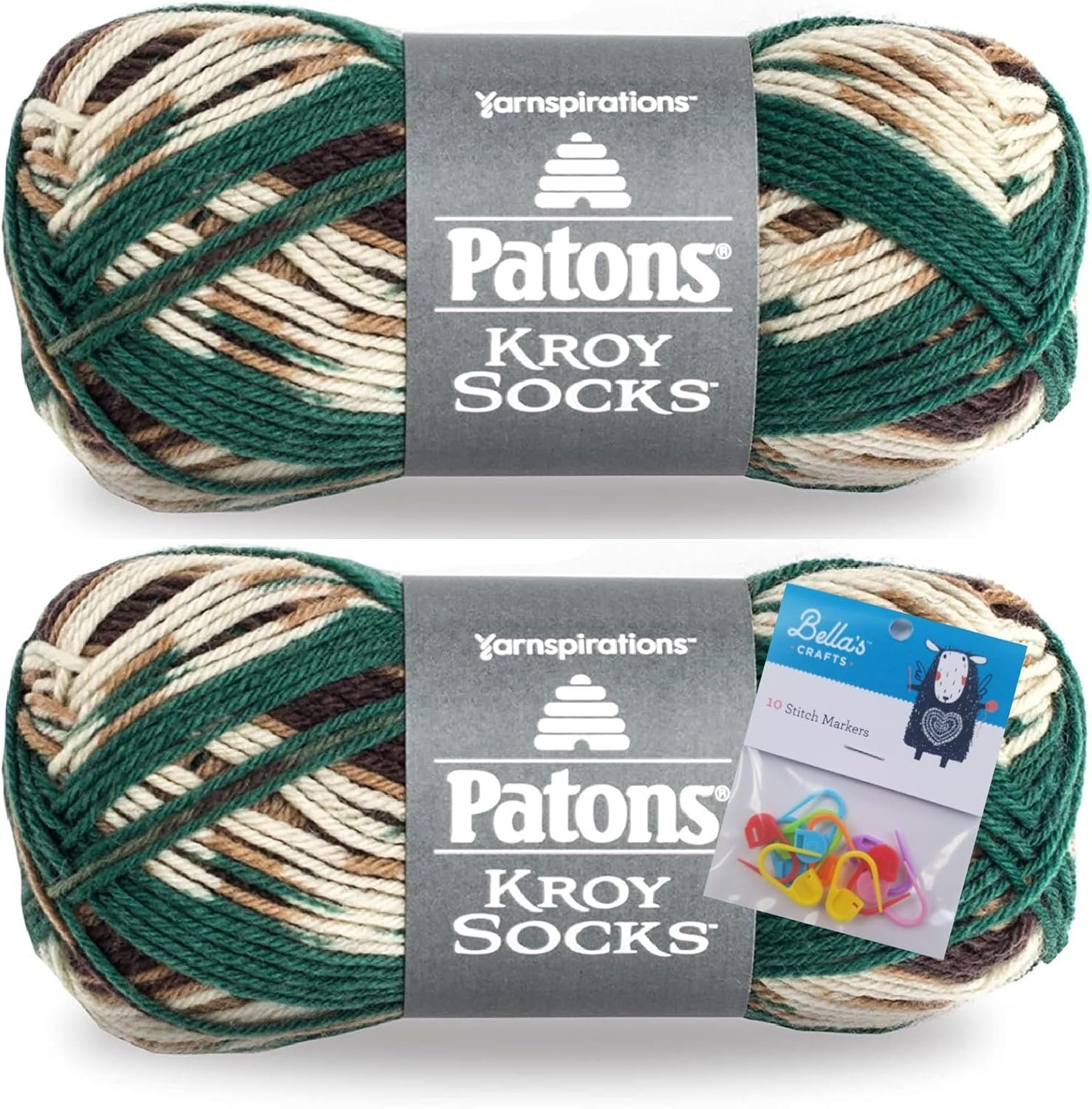 Patons Kroy Socks Yarn 2-Pack Bundle with Bella’s Crafts Stitch Markers (Woodsie)