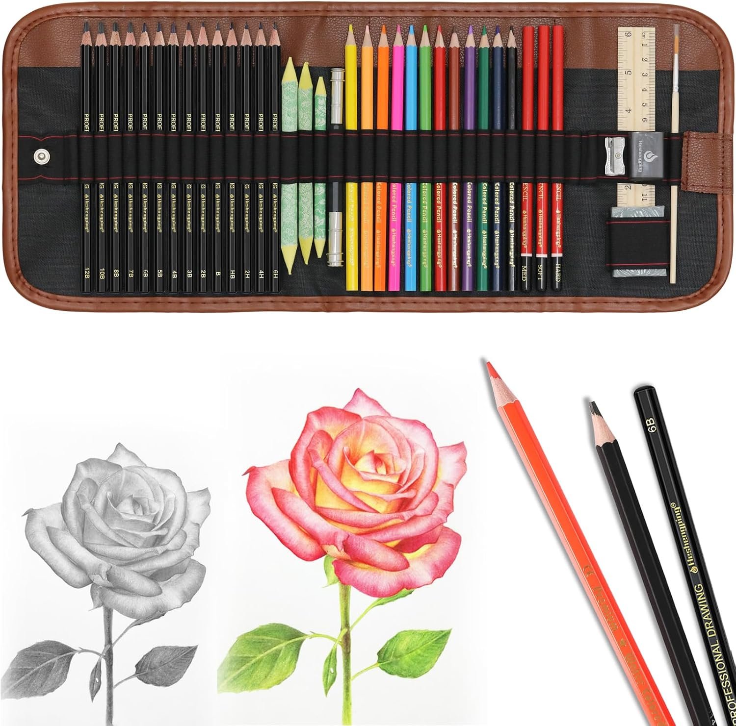Heshengping, Sketching Pencil Set Drawing Pen Charcoal Sketch Kit Cover Graphite Charcoal Watercolor Pencils Paper Erasable Pen Beginners Artist Children and Adults(39pcs Art Supplies)