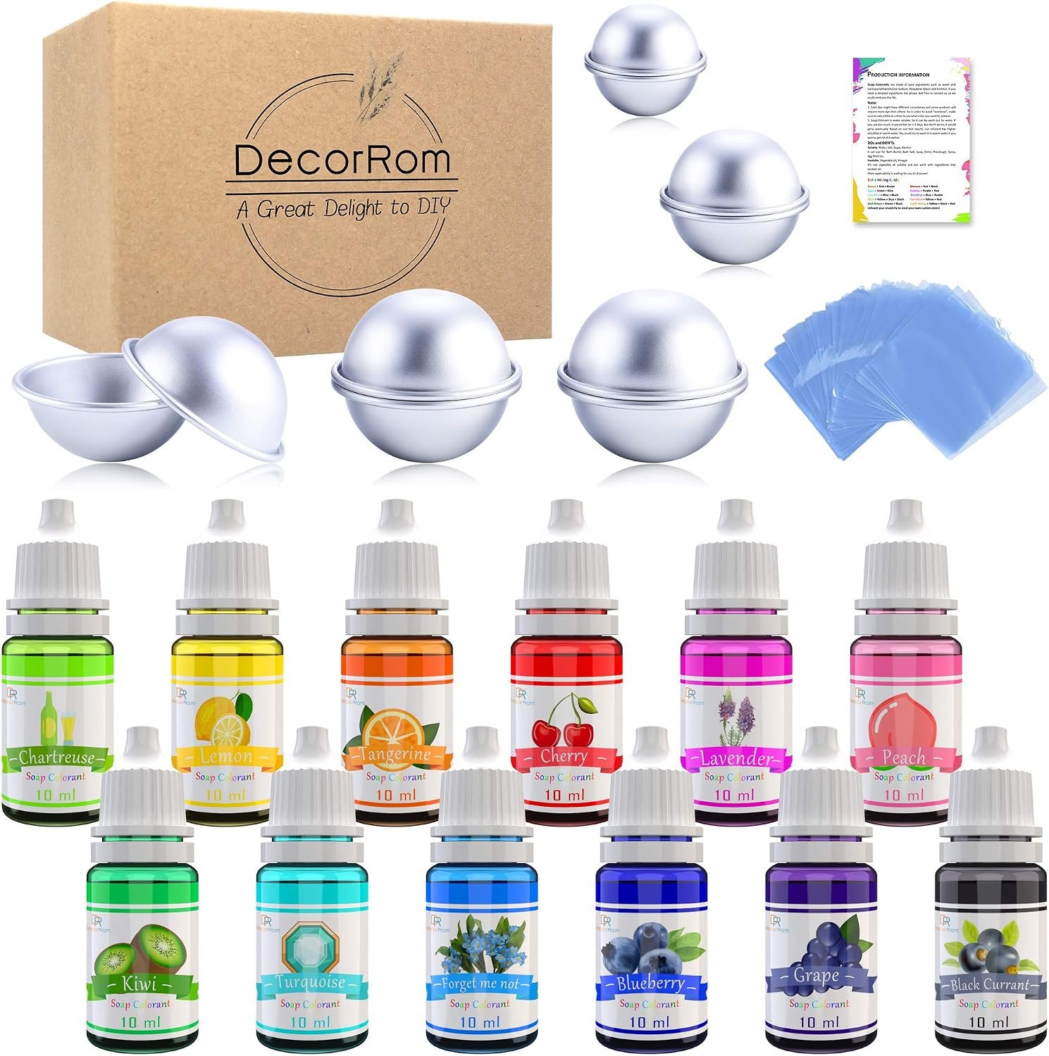 Bath Bomb Mold Set with Soap Colorant, Shrink Wrap Bags – Skin Safe Food Grade Soap Dye for Bath Bomb Making Supplies Kit – Liquid Dye for CP M&P Soap Coloring, Crafts – with Instructions Adult Hobby