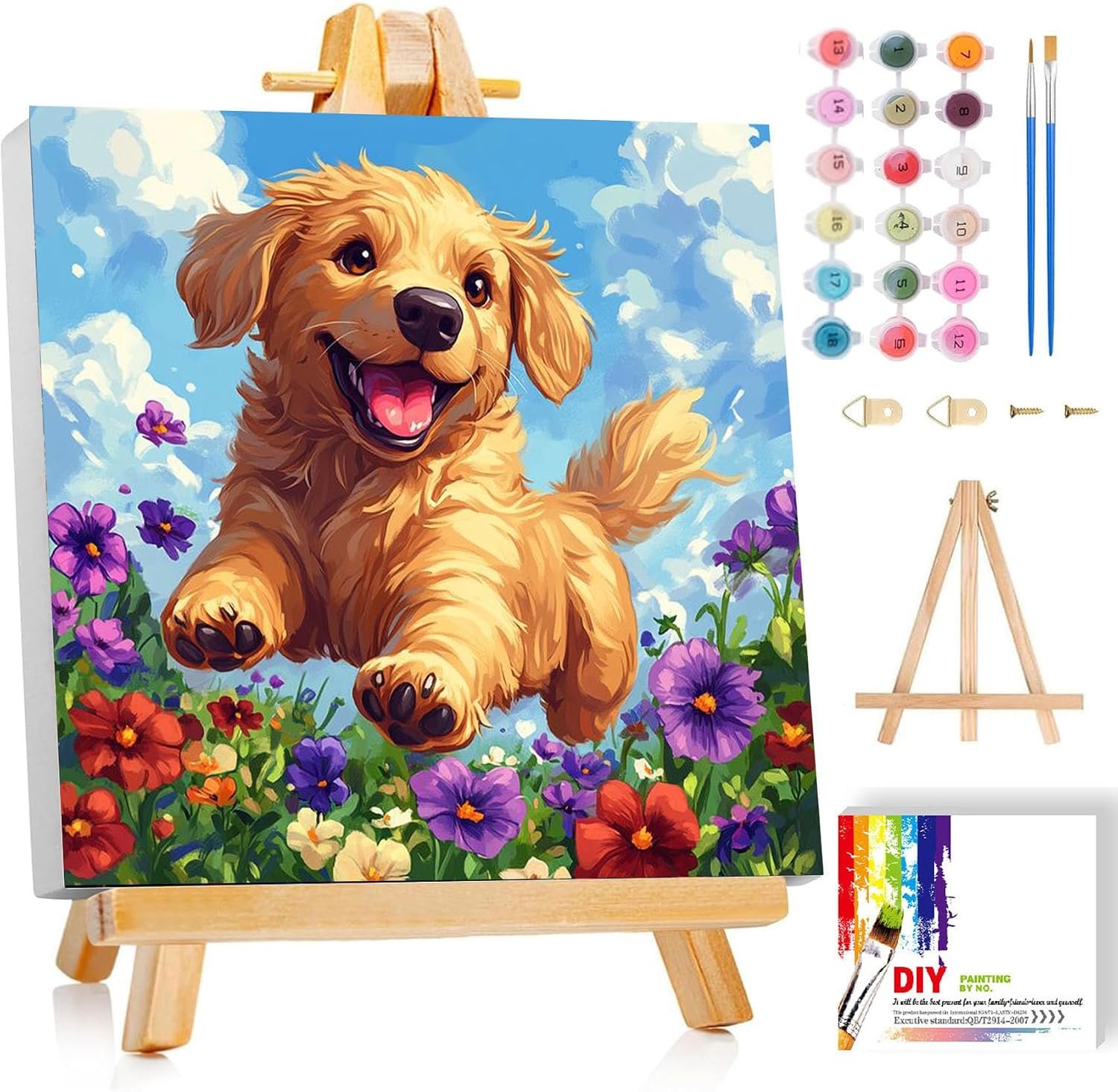 ajepon Dog Paint by Numbers Kit for Kids with Frame – Cute Dog Paint by Number for Kids, Kid Painting by Number Kits Age 8-12 for Home Wall Decor 8X8inch (with Wooden Easel)