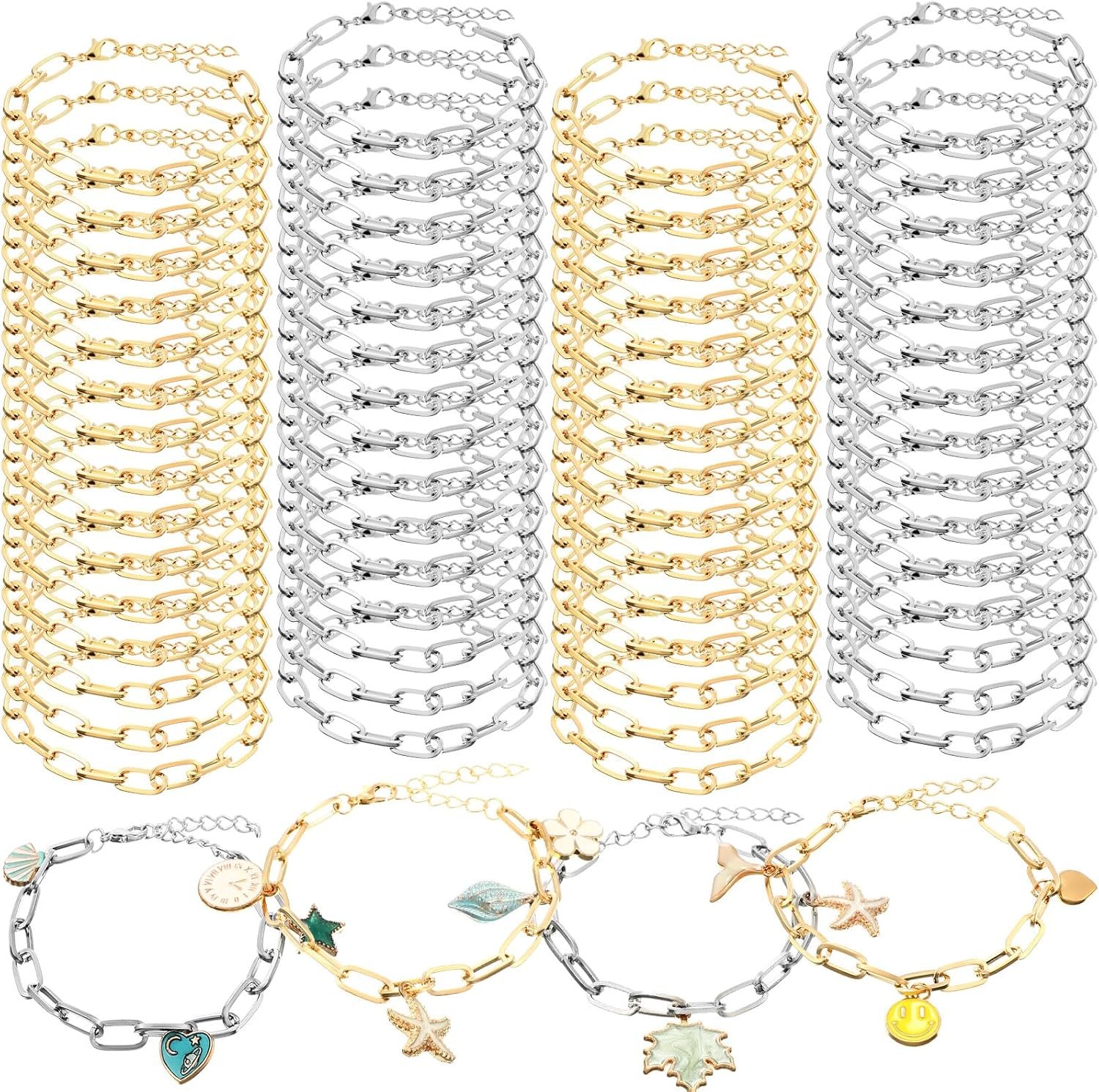 Quelay 60 Pcs Chain Bracelet Bulk with Lobster Clasps, Gold and Silver