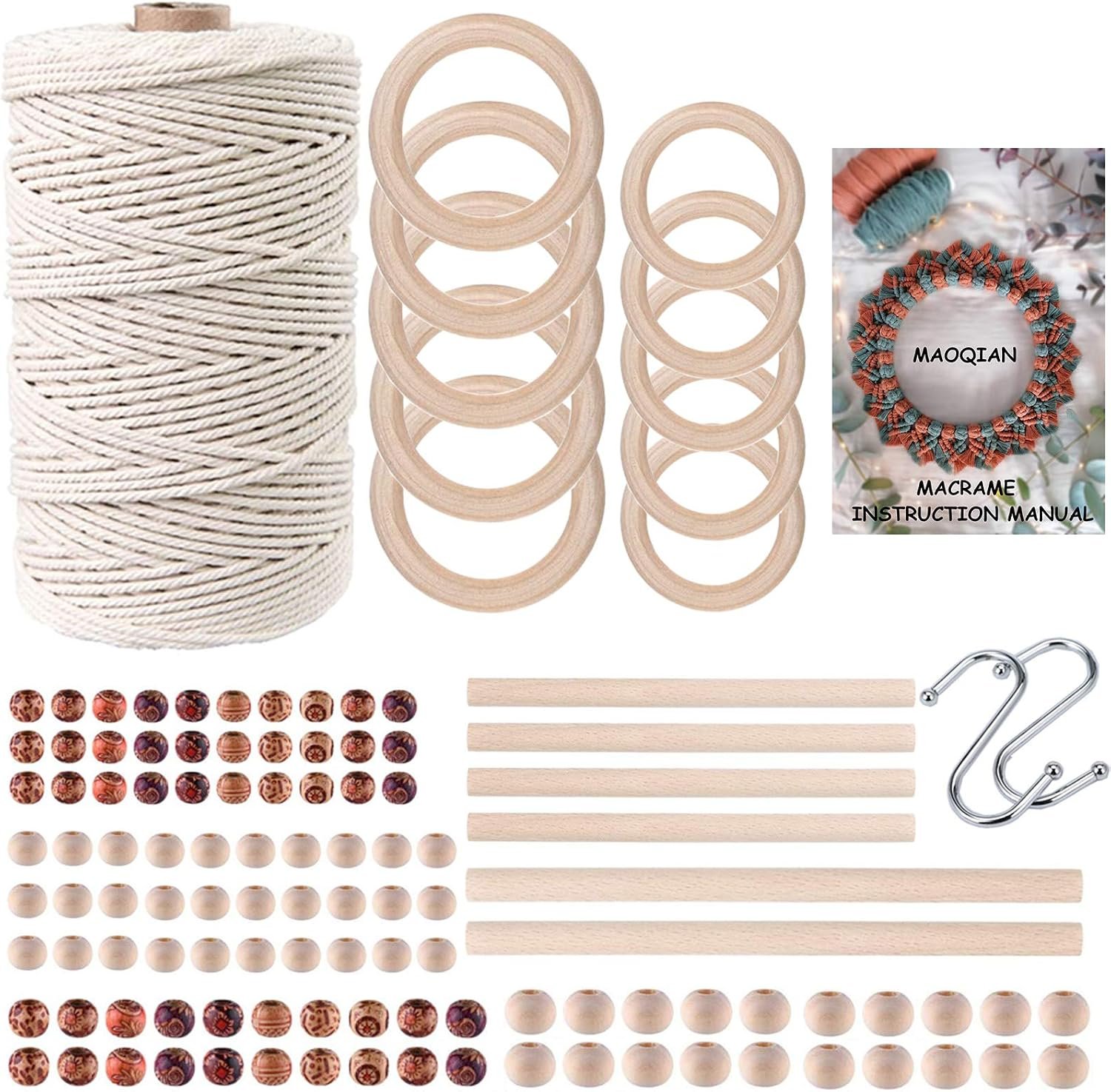 120pcs Macrame Kits for Beginners 3mm x 220yards Natural Cotton Macrame Cord Wall Hanging Kit, Best Macrame Supplies for Macrame Plant Hanger with Wooden Beads,Wooden Rings,Wooden Sticks,S Hooks