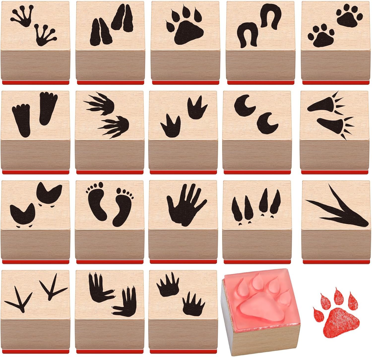 MotiMind 18 Pcs Wood Rubber Stamps Set Holiday, Animal Footprints