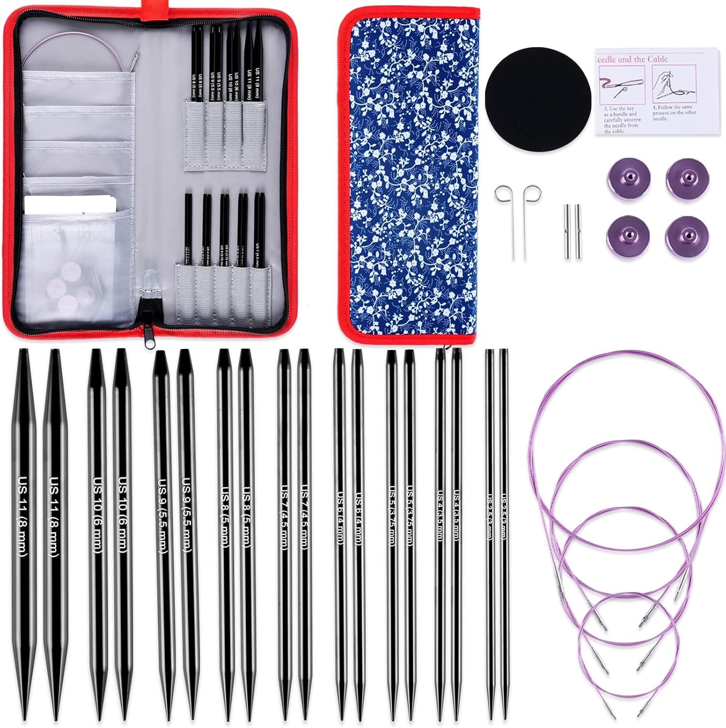 Svartur 4.23” Interchangeable Circular Knitting Needles Set Size US2.5-US11, with Accessories, 9 Pairs