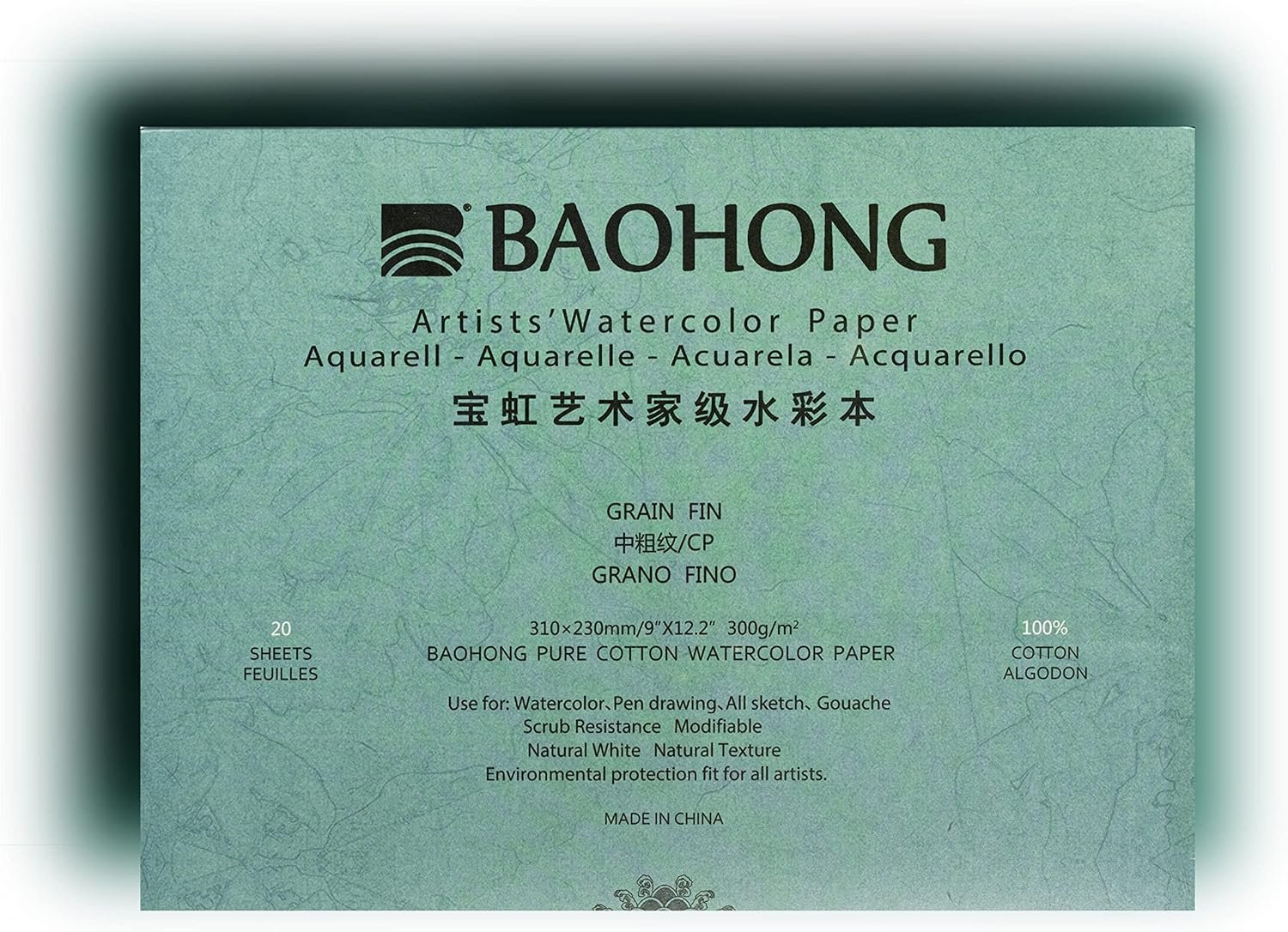 BAOHONG Artists’ Watercolor Paper Block (20 Sheets, glued on Four Edges), 100% Cotton, Acid-Free, 140LB/300GSM, Watercolor Art Supplies for Wet, Dry, and Mixed Media Painting (Cold Press 9″X12.2″)