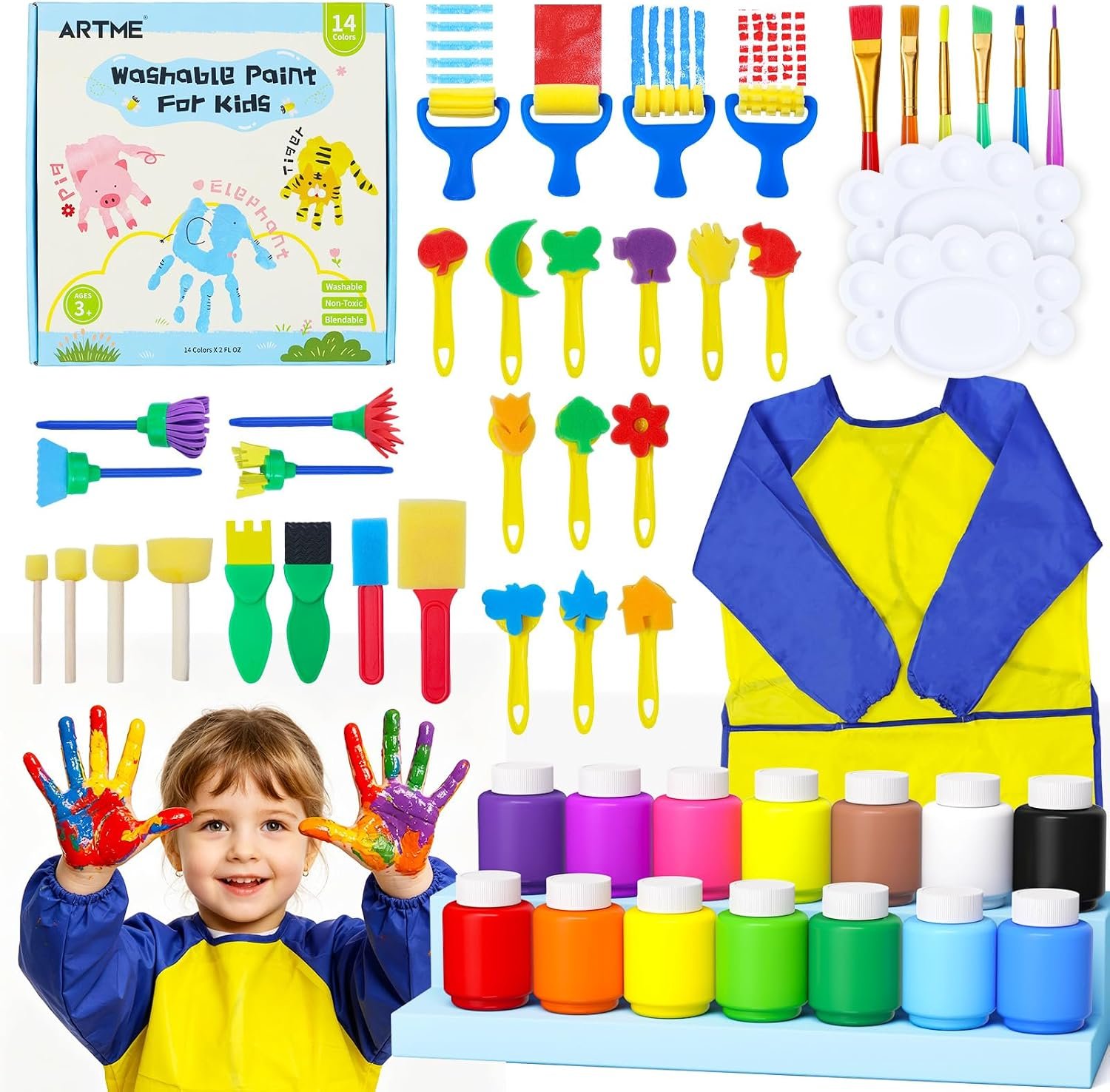 ARTME Washable Paint for Kids, 14 Colors x 2 oz Finger Paint with 37 Tools