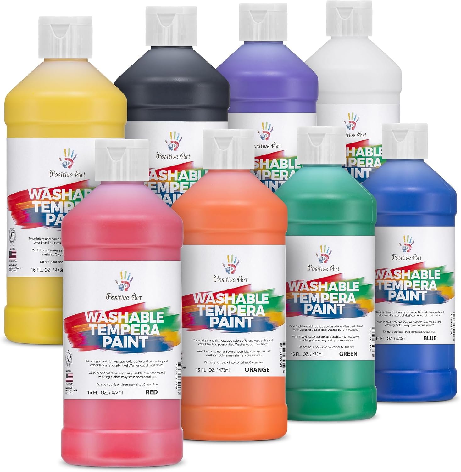 Positive Art Washable Paint for Kids – (8 Colors, 16 oz Each) Made in USA, Non-Toxic Tempera Paint Set – Bulk Classroom Paints for Students, Finger Painting, School Use – 8 Pack