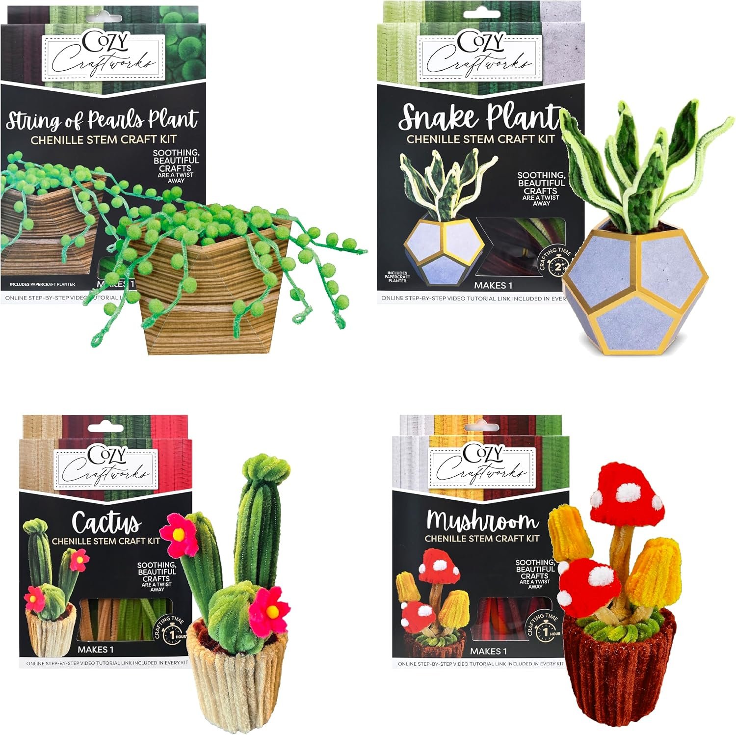 WeVeel Cozy Craftworks Four Plants Chenille Stem Craft Kit Bundle for Teens & Adults – Mindful DIY Plant Craft, Tactile Pipe Cleaner Art Kit with QR Video Tutorials