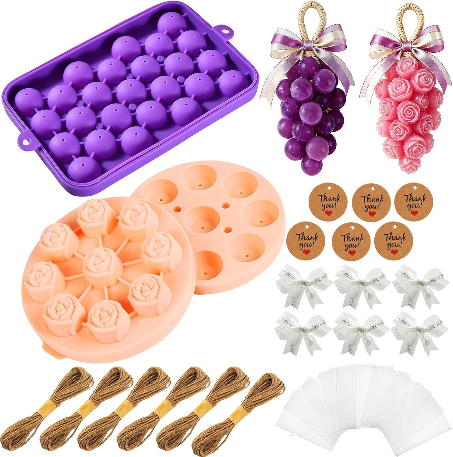 Soap Making Kit with 2 Silicone Molds (Grape & Rose), Gift Bags, Gift Tags, Ribbons & Jute Twine – 26 Pcs DIY Craft Set,Mold for Handmade Soap Making Gift – Idea for Adults & Crafters