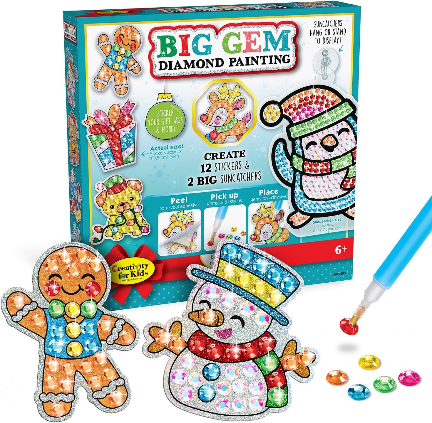 Creativity for Kids Holiday Big Gem Diamond Painting Kit | Create 12 Festive Stickers & 2 Suncatchers with 1000+ Colorful Gems | Fun for Parties, Gifts, Ornaments & Seasonal Décor (Ages 6+)