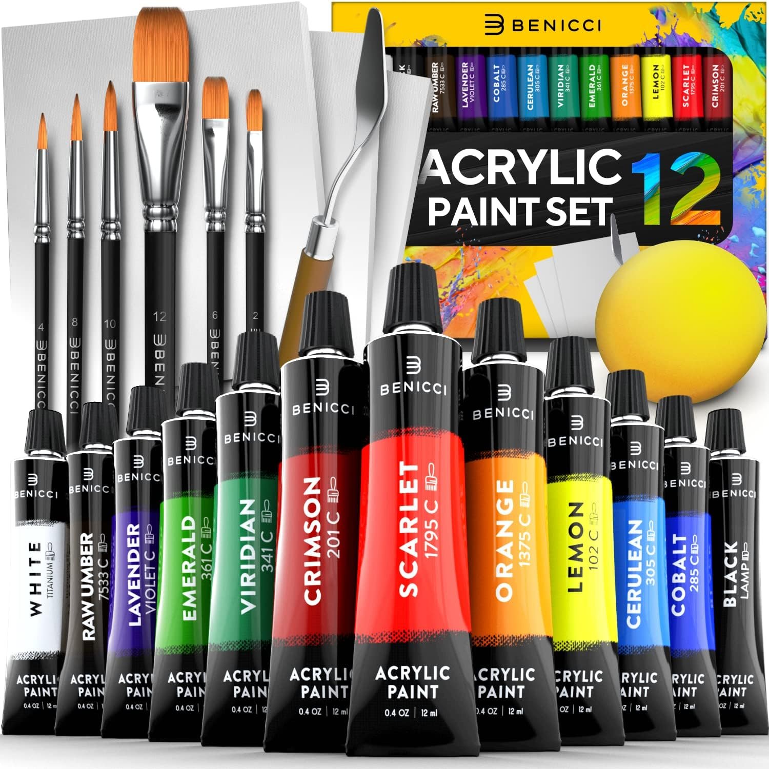 Complete Acrylic Paint Set – 12х Rich Pigment Colors & 6x Art Brushes – Includes 3 Paint Canvases, Palette Knife & Sponge – Perfect for Canvas, Clay, Ceramic – Non-Toxic, Great for Kids & Adults