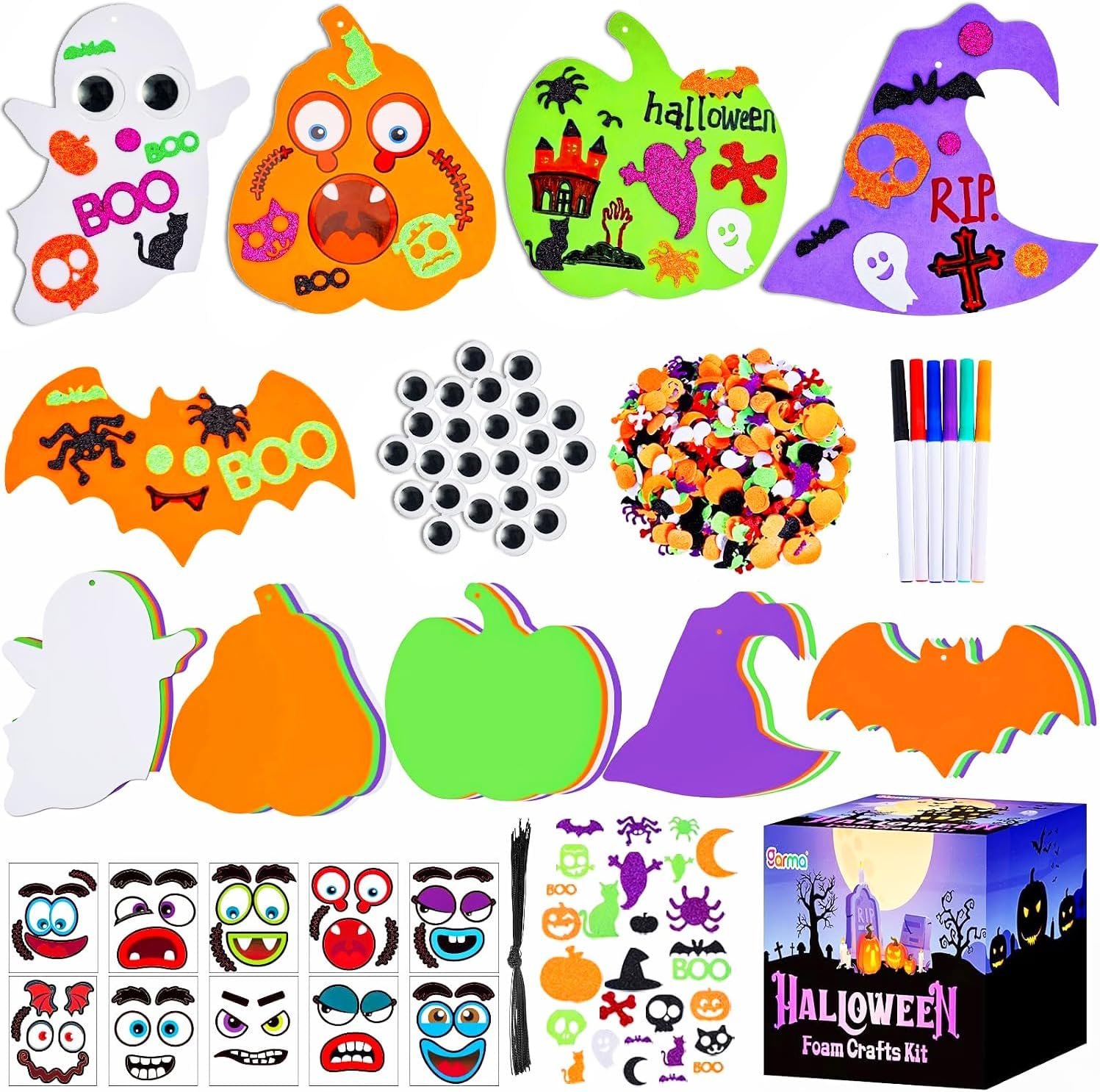 Garma 330PCS Foam Stickers Set, Halloween Crafts for Kids Pumpkin Ghost Spider Bat Witch Hat DIY Craft Kit for Classroom Activities Halloween Decorations Party Favors & Supplies