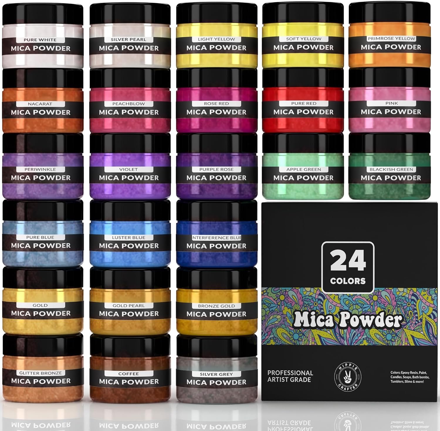 HIPPIE CRAFTER Mica Powder – Pigment Powder for Epoxy Resin, Resin Color Pigment, 24 Pastel Colors Mica Set for Epoxy Art, Acrylic Paint, Craft Projects, and DIY Decor