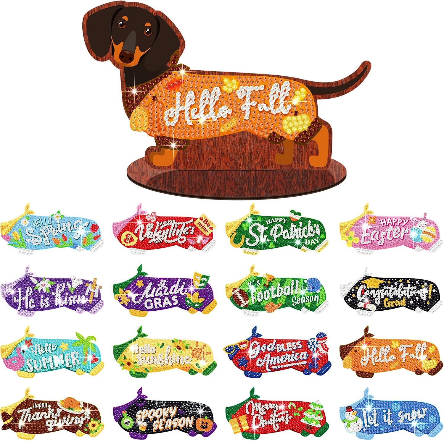 Briwooody 16 Pcs Interchangeable Seasonal Diamond Art Set Wooden Dachshund